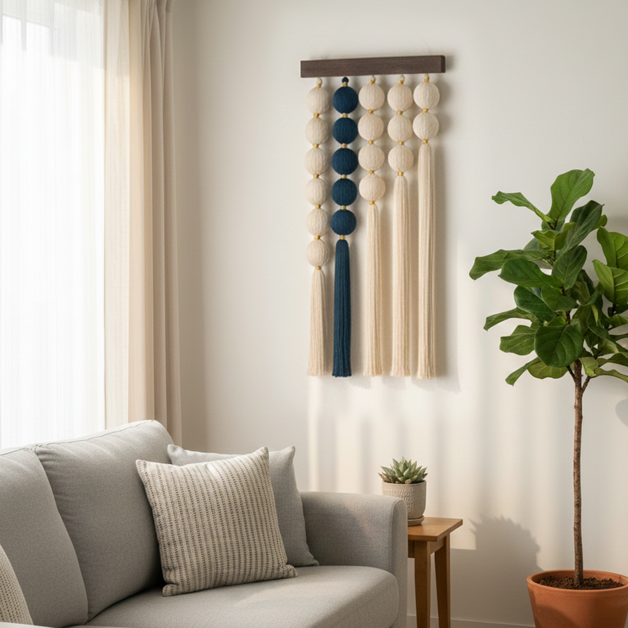 Handmade Macrame Fiber Wall Hanging with Wood, Boho Wall Decor