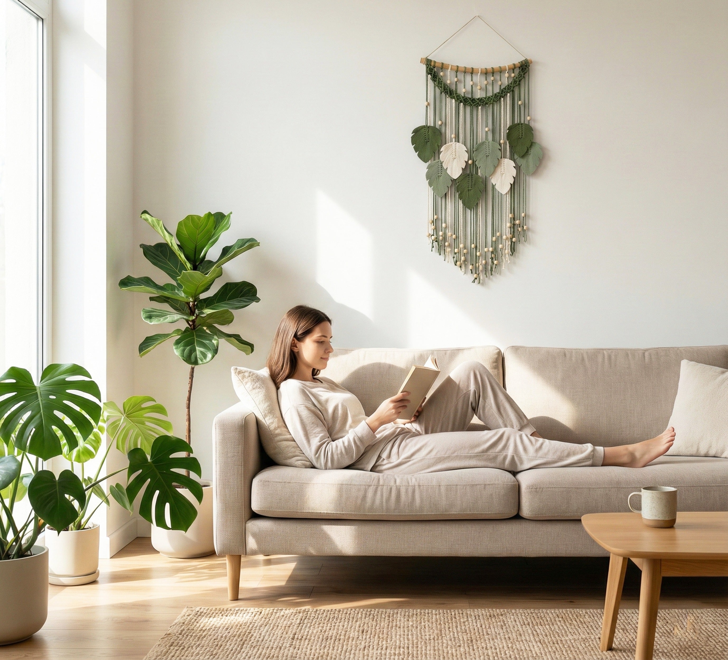 Large Macrame Leaf Wall Hanging, Handmade Cotton Wall Decor with Wood Beads