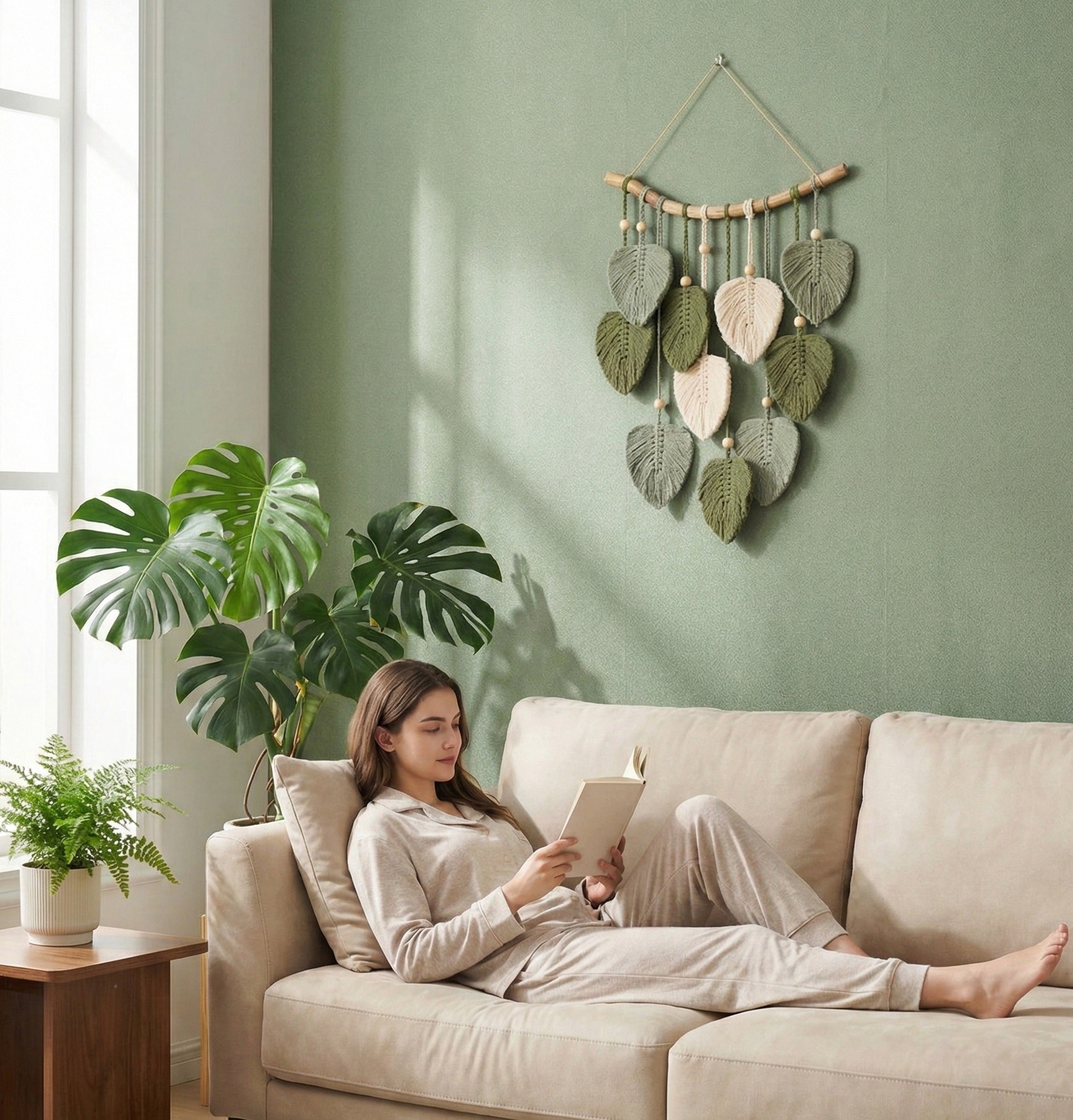 Leaves Macrame Wall Hanging, Handmade Cotton Wall Art with Wooden Beads