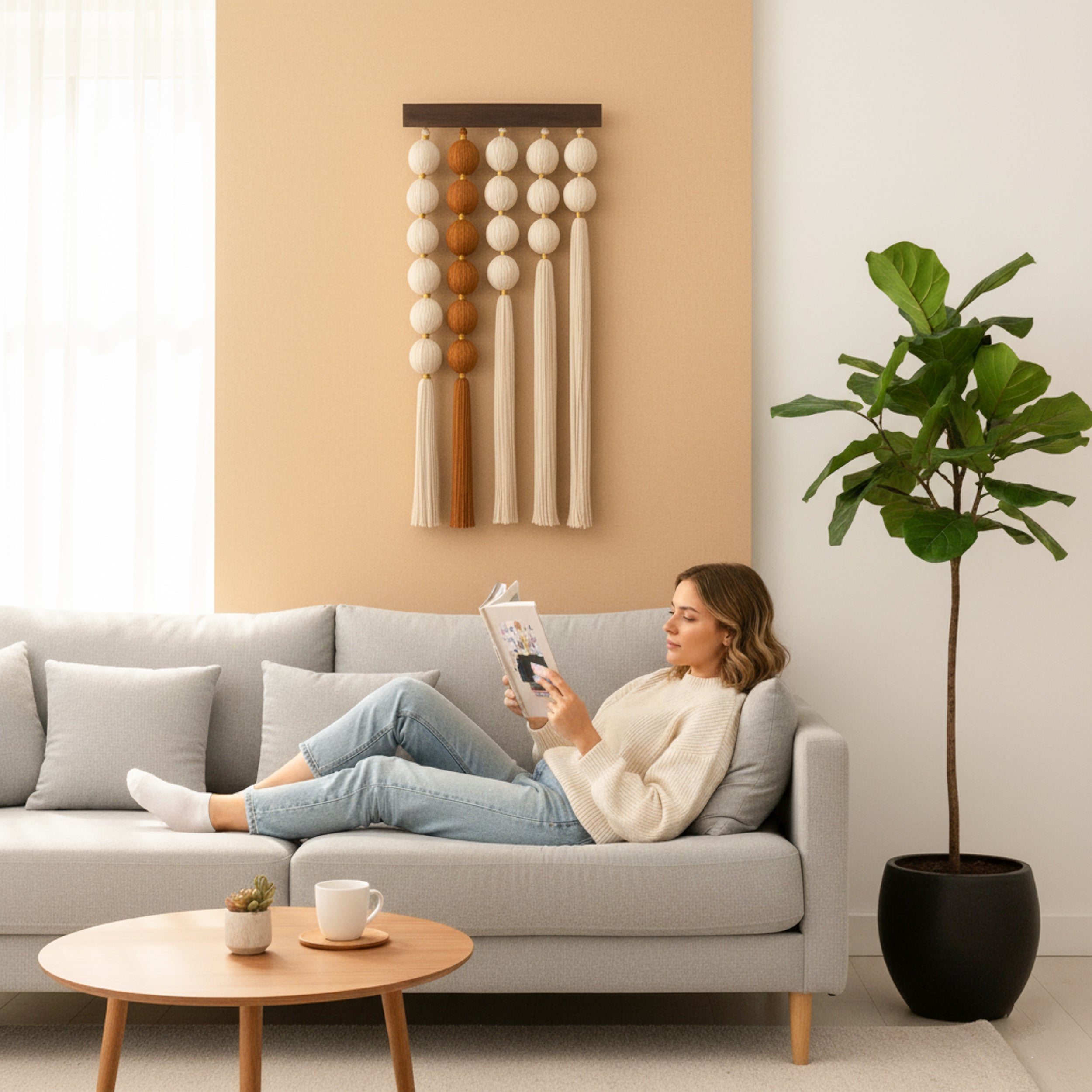 Handmade Macrame Fiber Wall Hanging with Wood, Boho Wall Decor