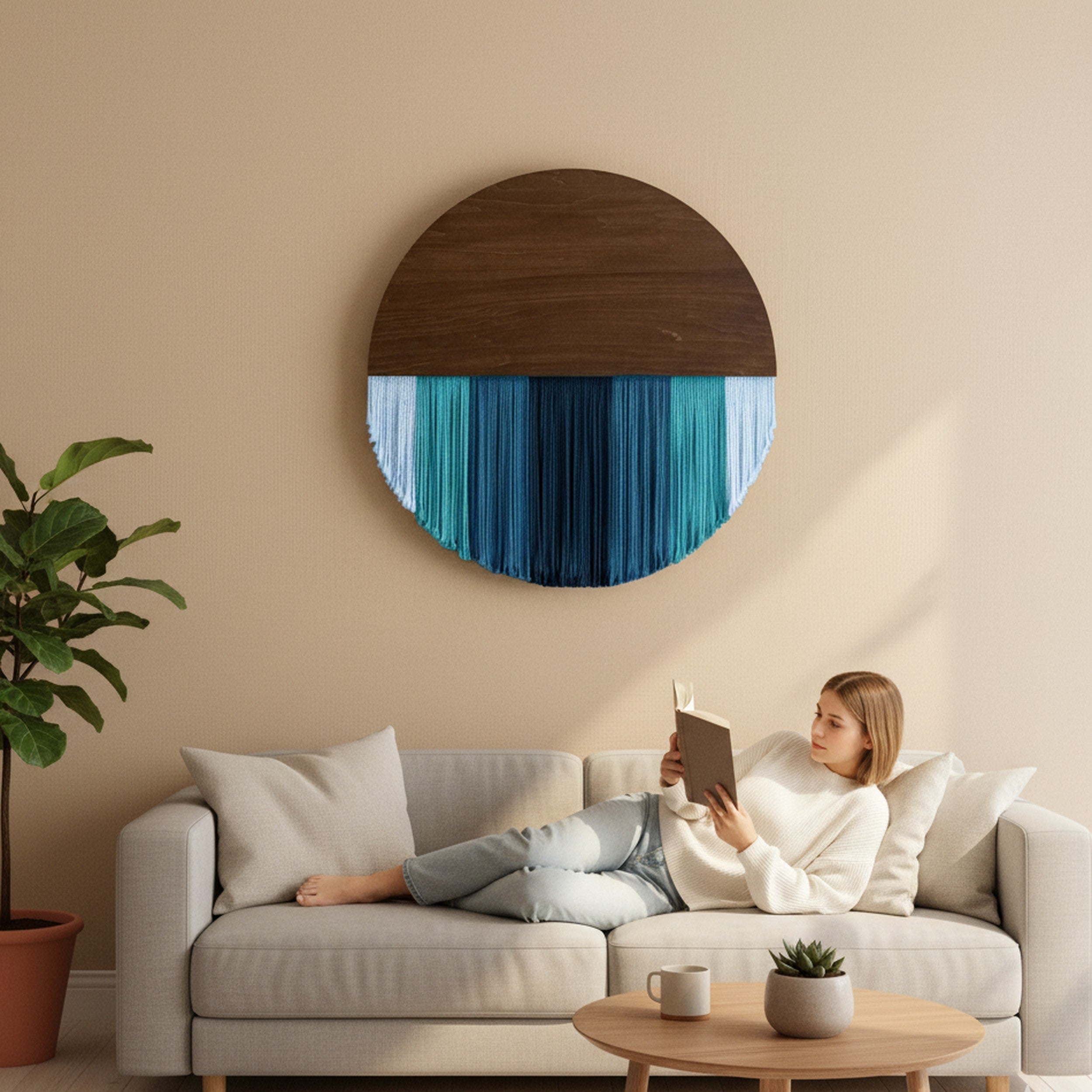 Lunar Memory Wall Hanging – Round Boho Fiber Moon Decor for Home V07