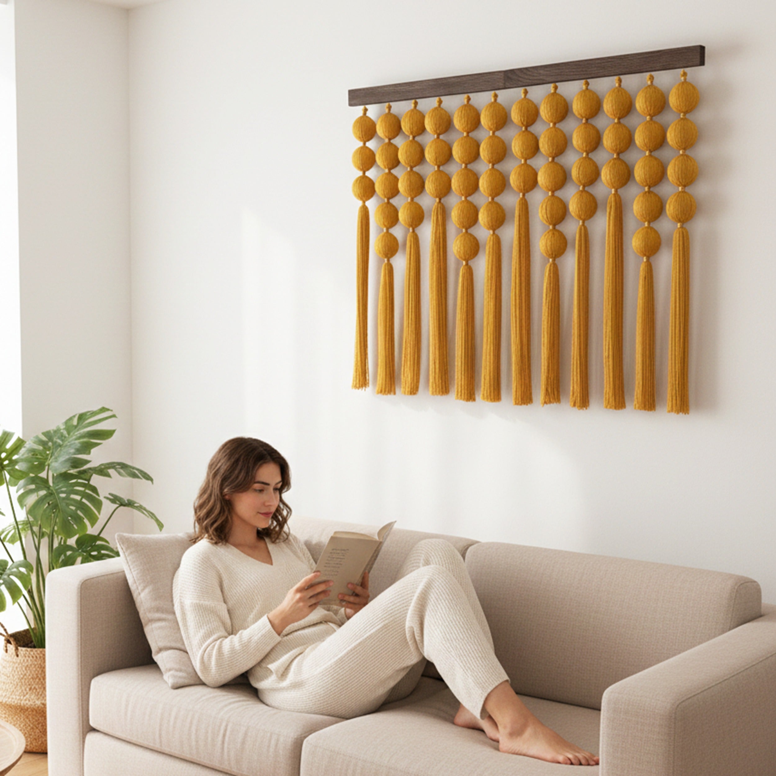 Handmade Macrame Wall Hanging with Natural Wood, Bubble Boho Fiber Wall Decor