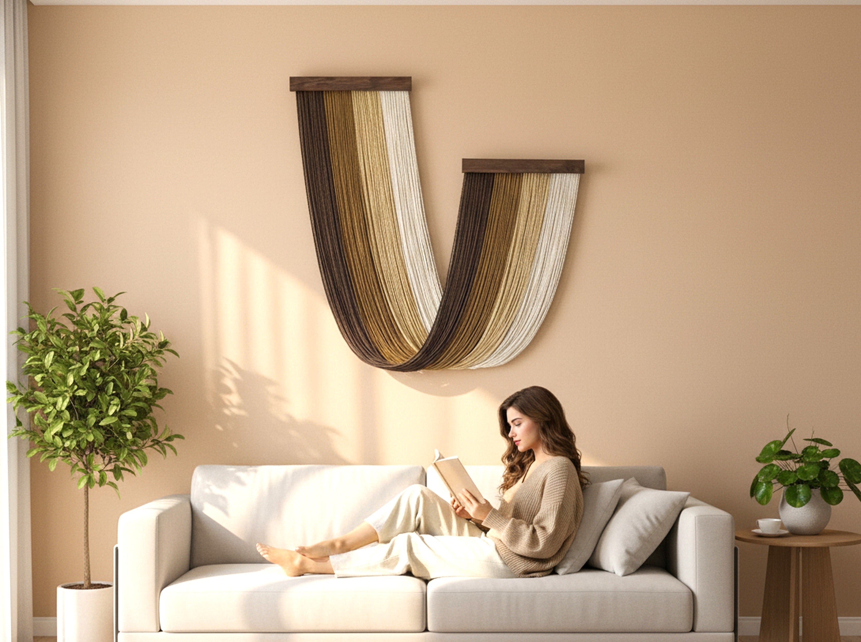 Milky Way Macrame Wall Hanging with Natural Wood, Handmade Boho Fiber Wall Decor