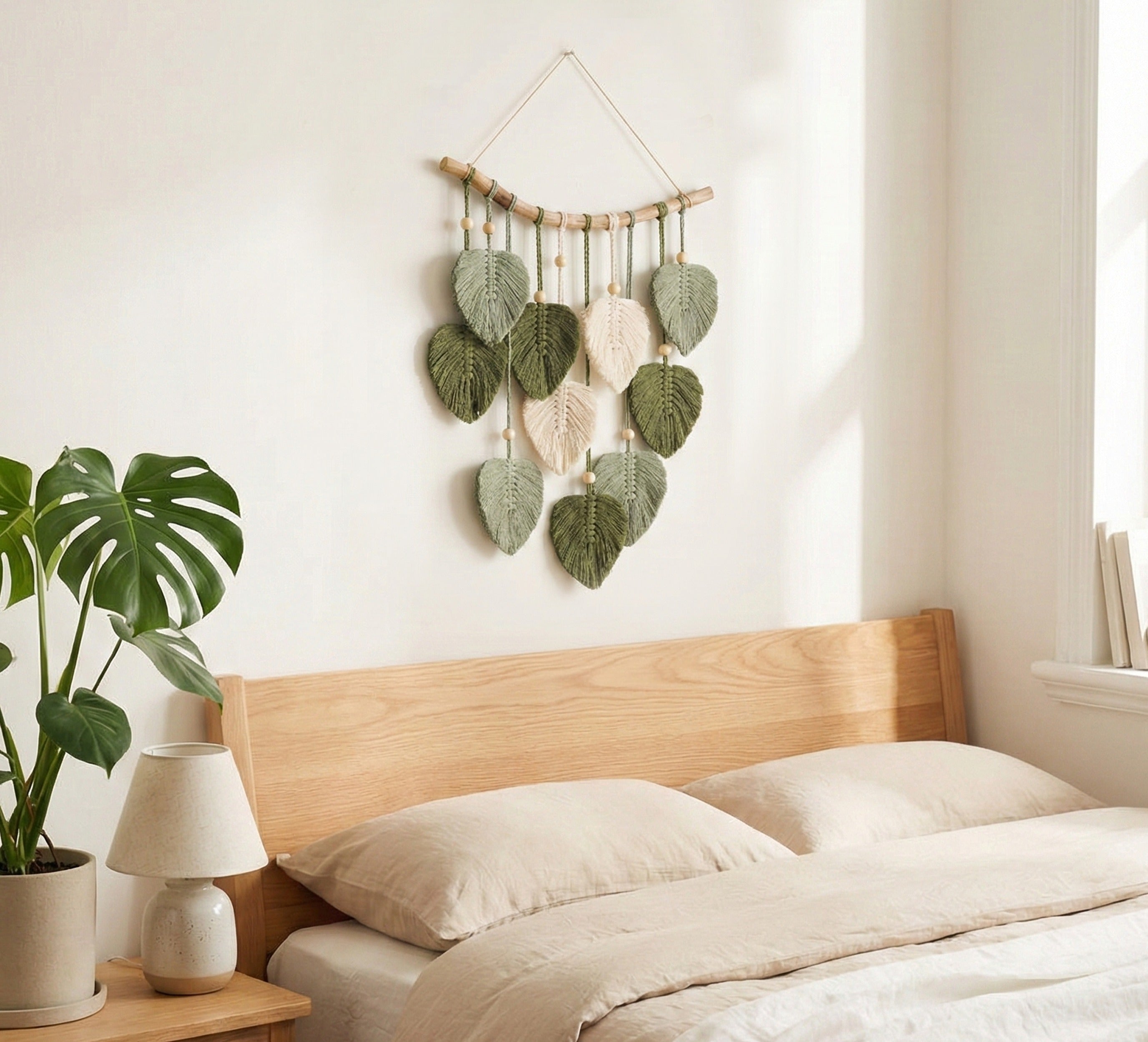 Leaves Macrame Wall Hanging, Handmade Cotton Wall Art with Wooden Beads