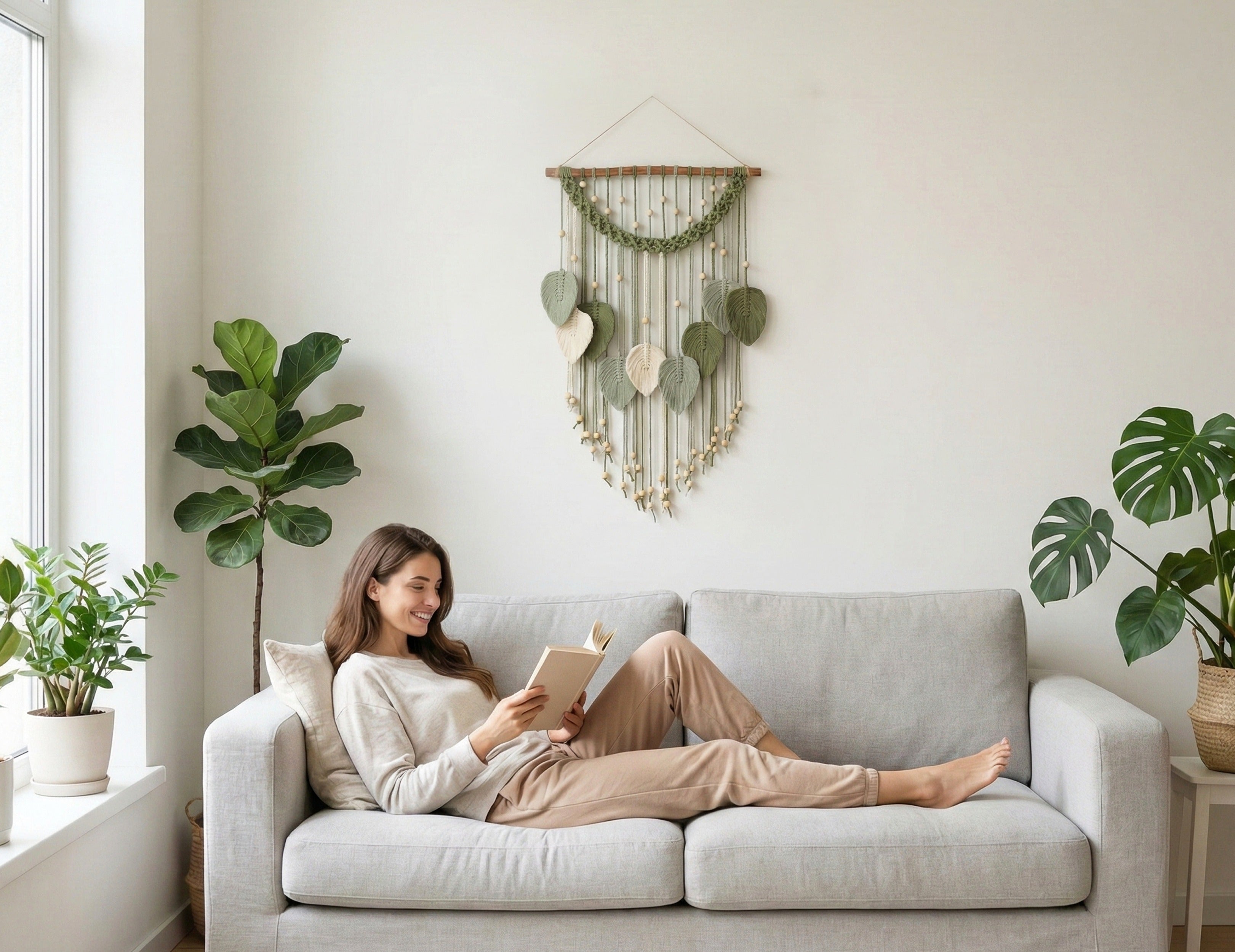 Large Handmade Macrame Leaf Wall Hanging with Wood Beads, Cotton Boho Wall Decor