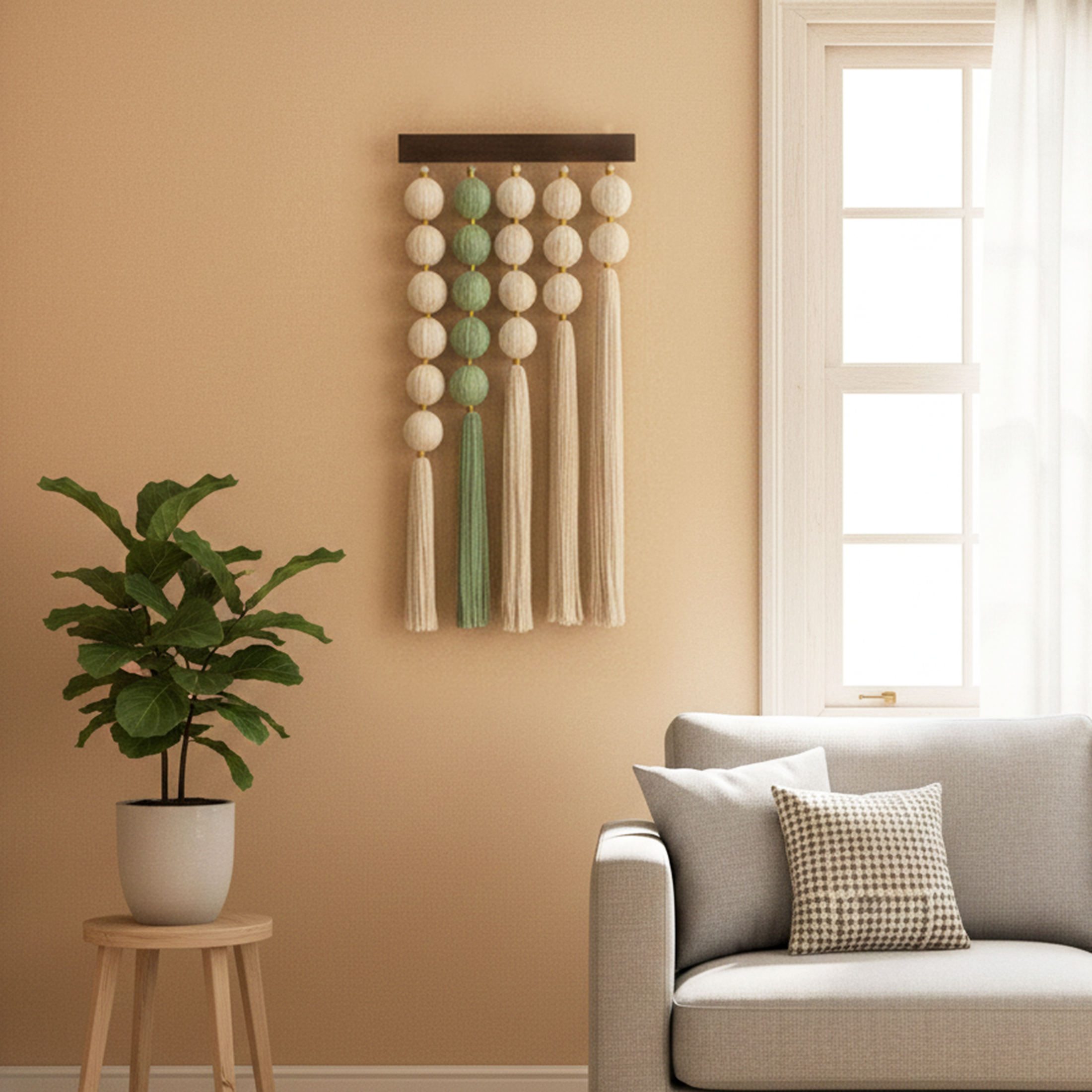 Handmade Macrame Wall Hanging with Natural Wood, Boho Fiber Wall Decor