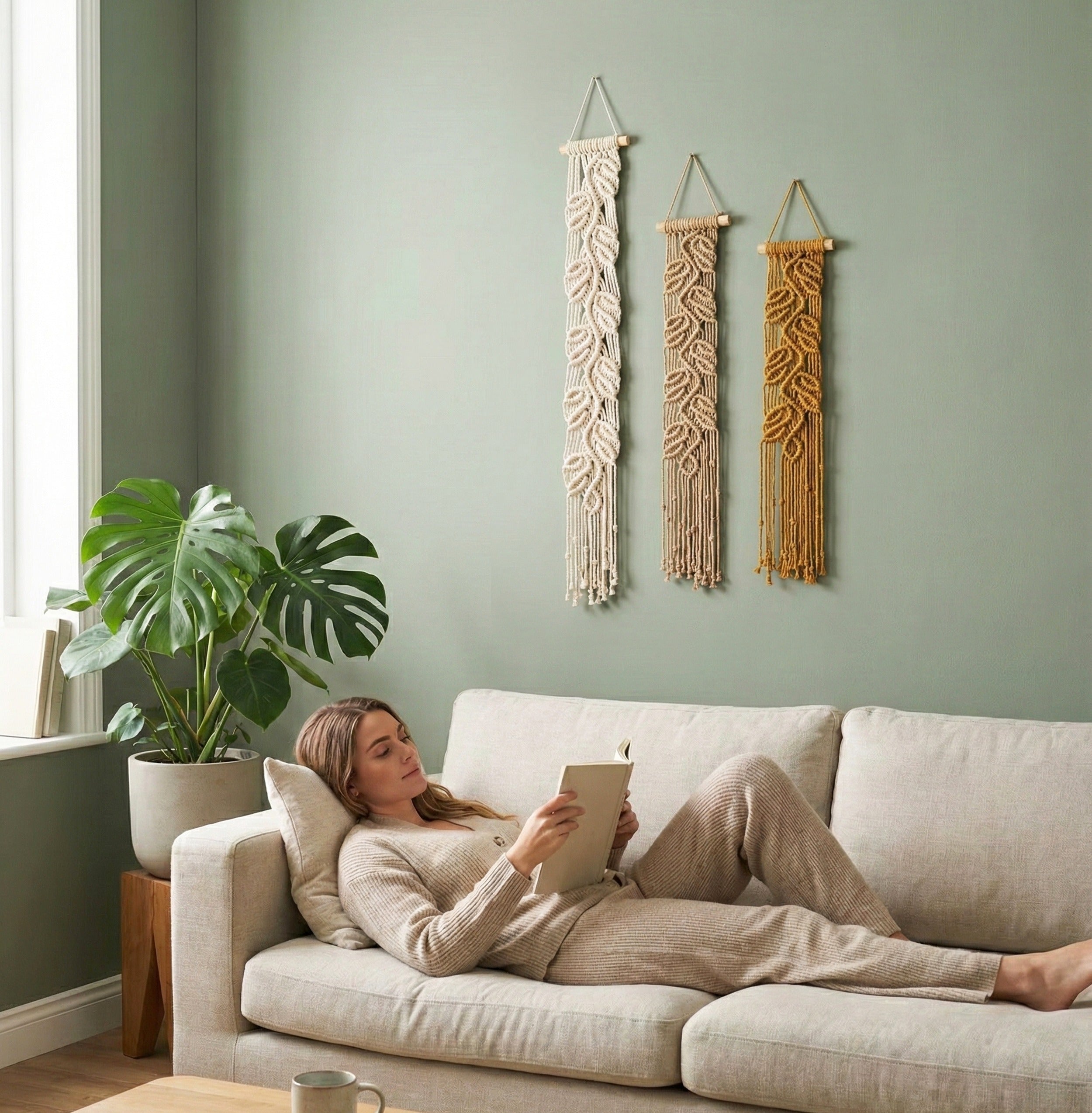 Handmade Macrame Leaf Wall Hanging, Cotton Boho Fiber Wall Decor