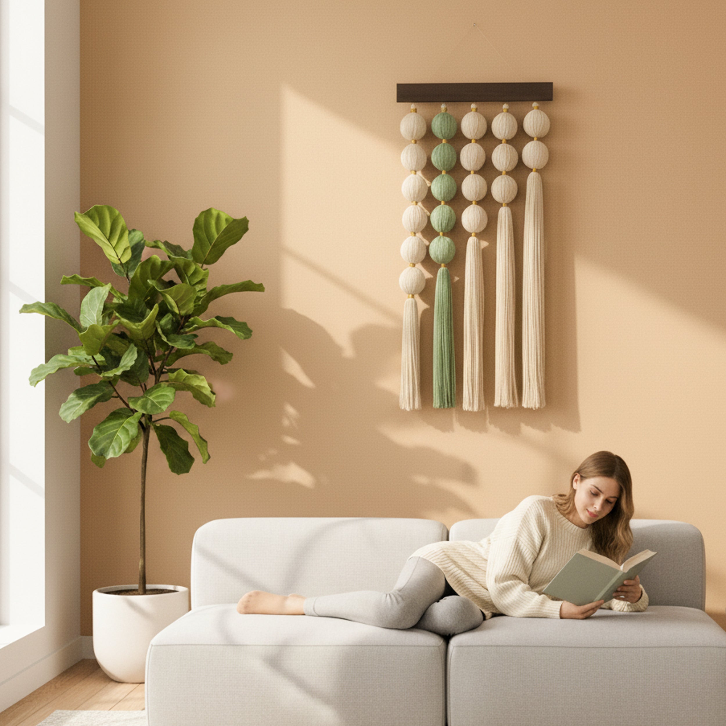 Handmade Macrame Wall Hanging with Natural Wood, Boho Fiber Wall Decor