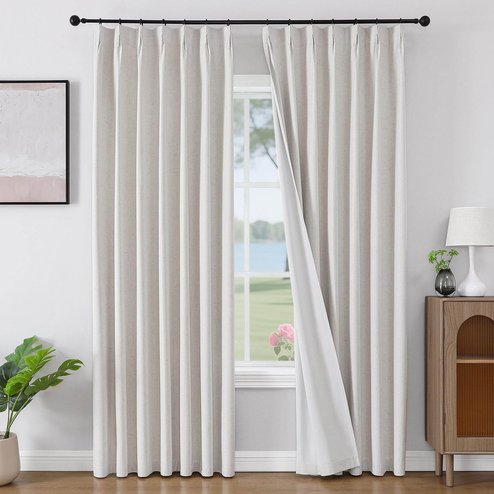 Joydeco beige pinch pleat blackout linen curtains, thermal insulating drapes with white lining.