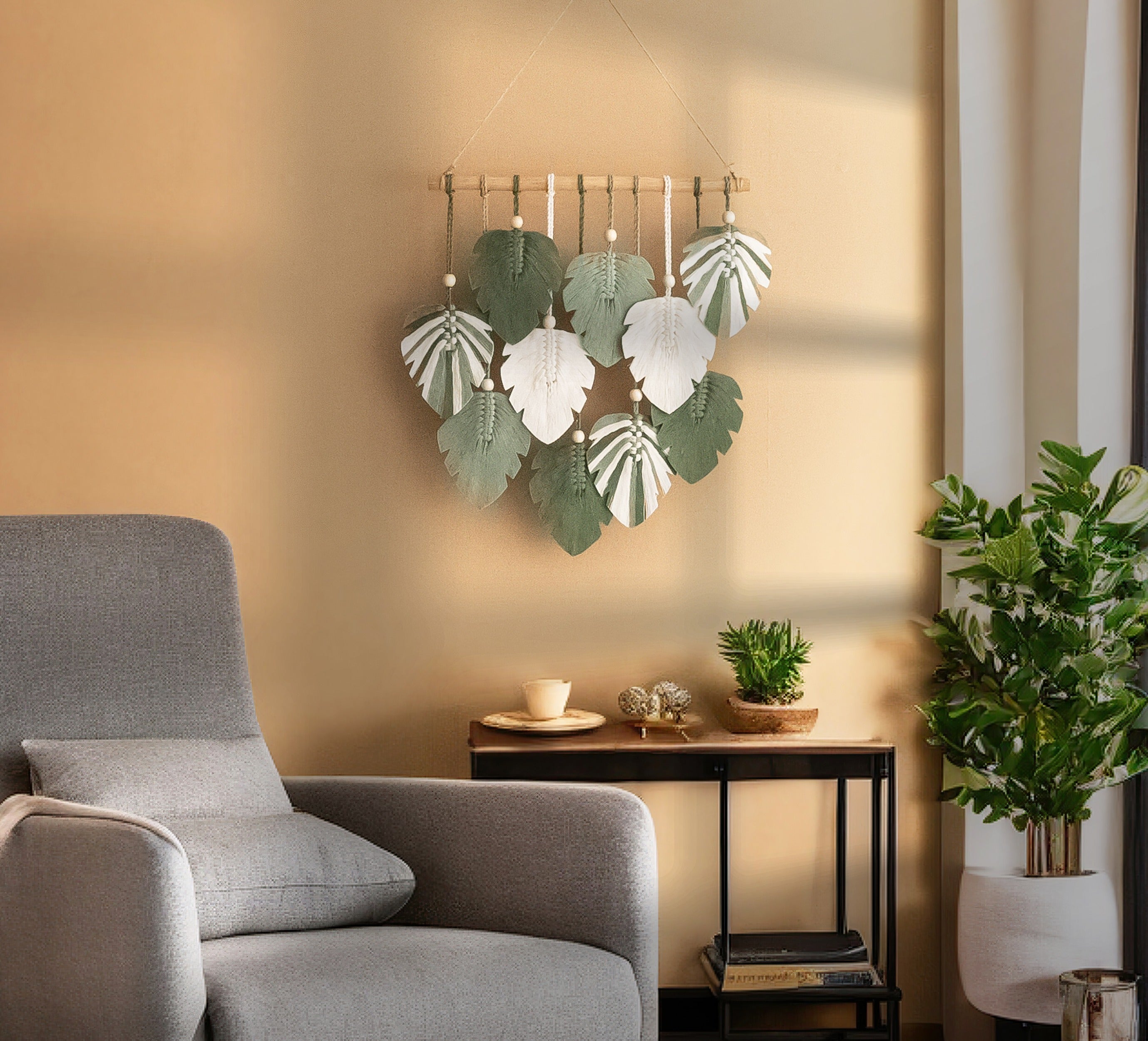 Handmade Macrame Leaf Wall Hanging with Wood Beads, Cotton Boho Wall Decor