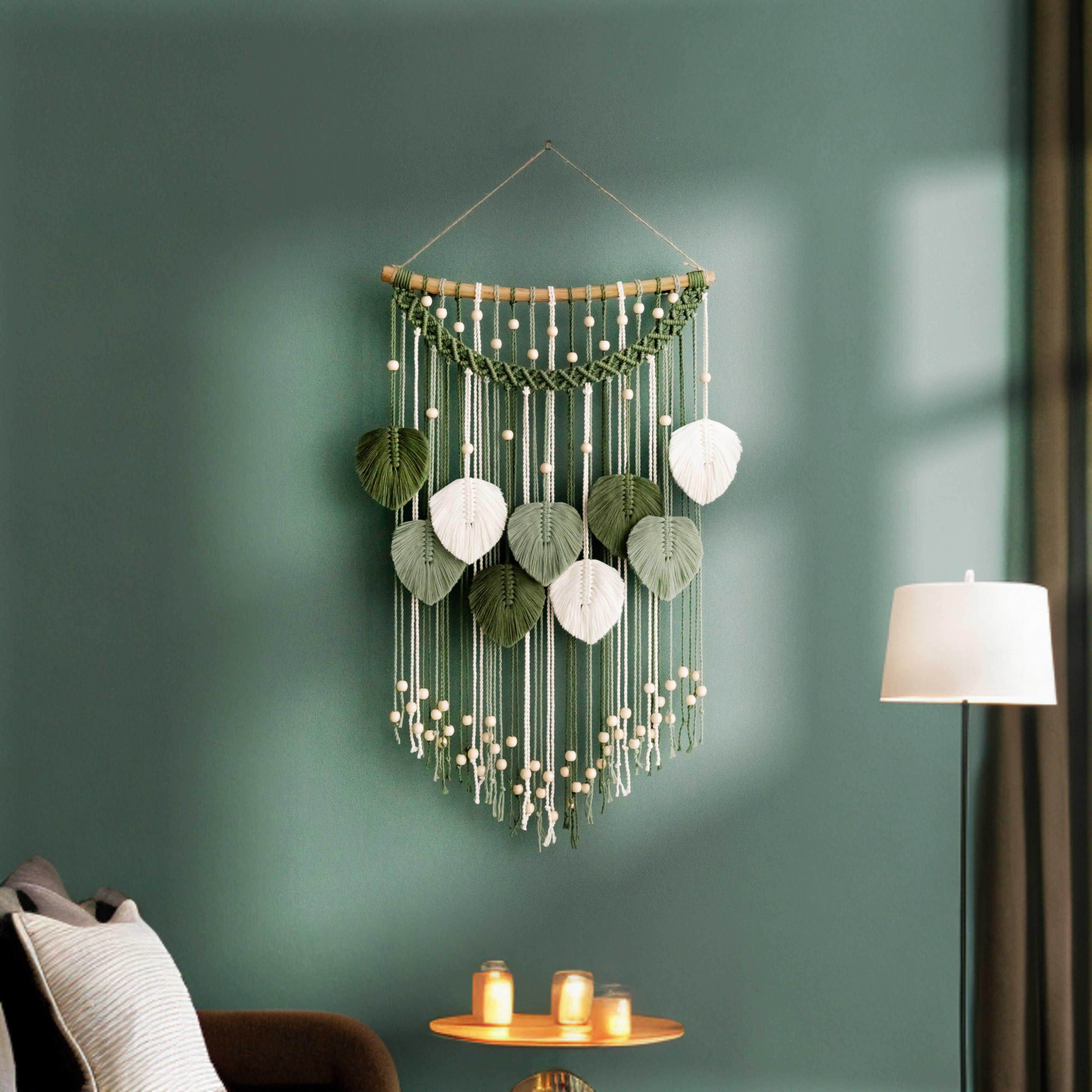 Large Handmade Macrame Leaf Wall Hanging with Wood Beads, Cotton Boho Wall Decor