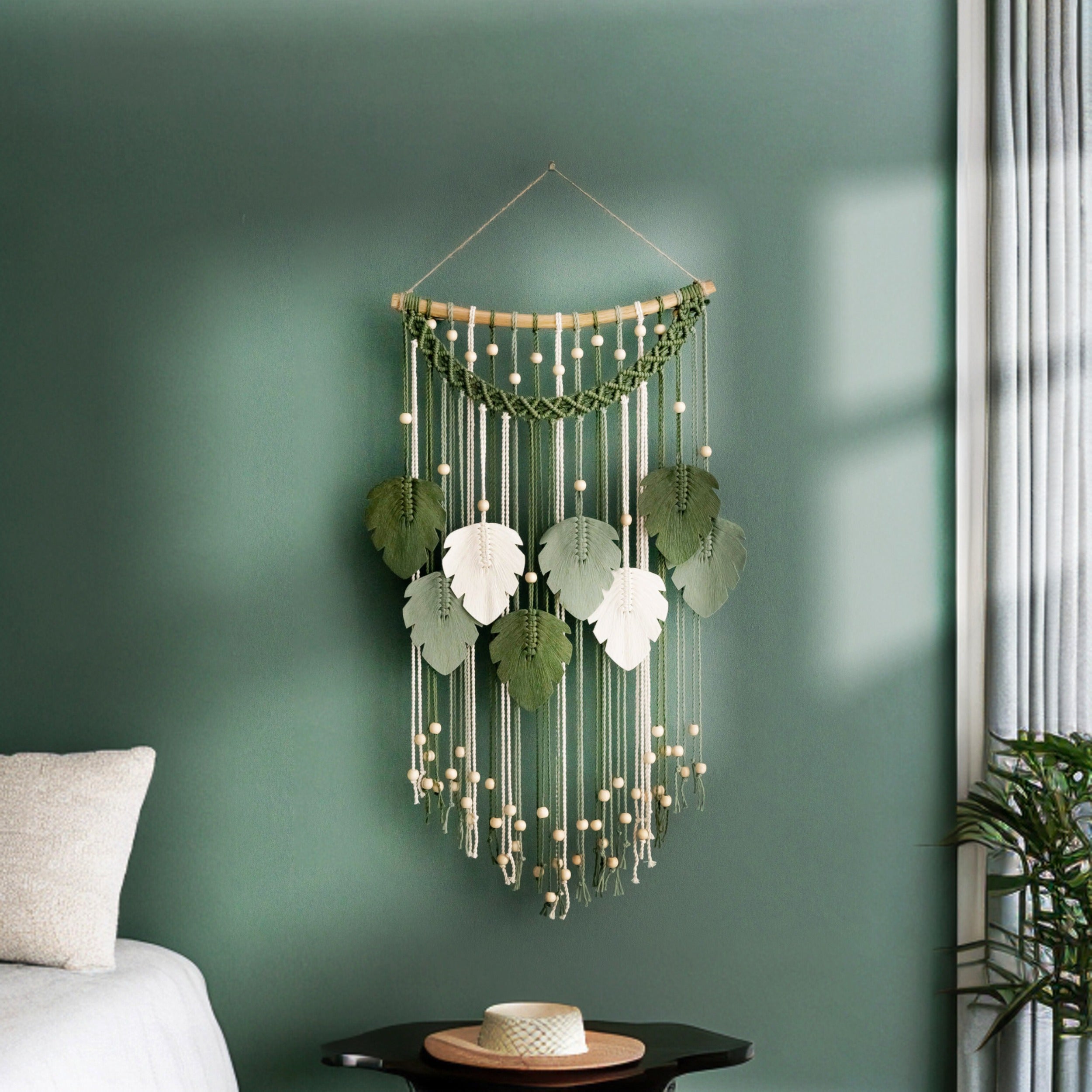 Large Macrame Leaf Wall Hanging, Handmade Cotton Wall Decor with Wood Beads