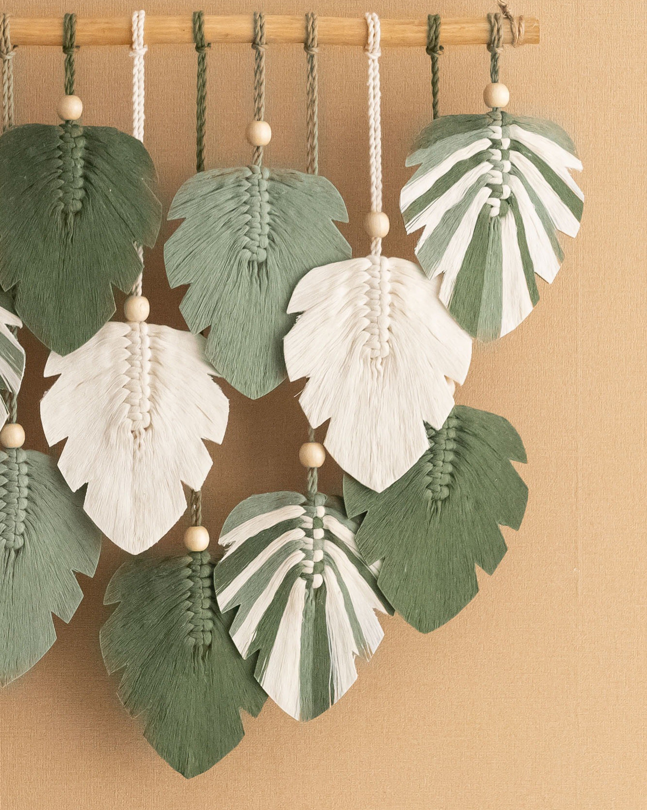 Handmade Macrame Leaf Wall Hanging with Wood Beads, Cotton Boho Wall Decor