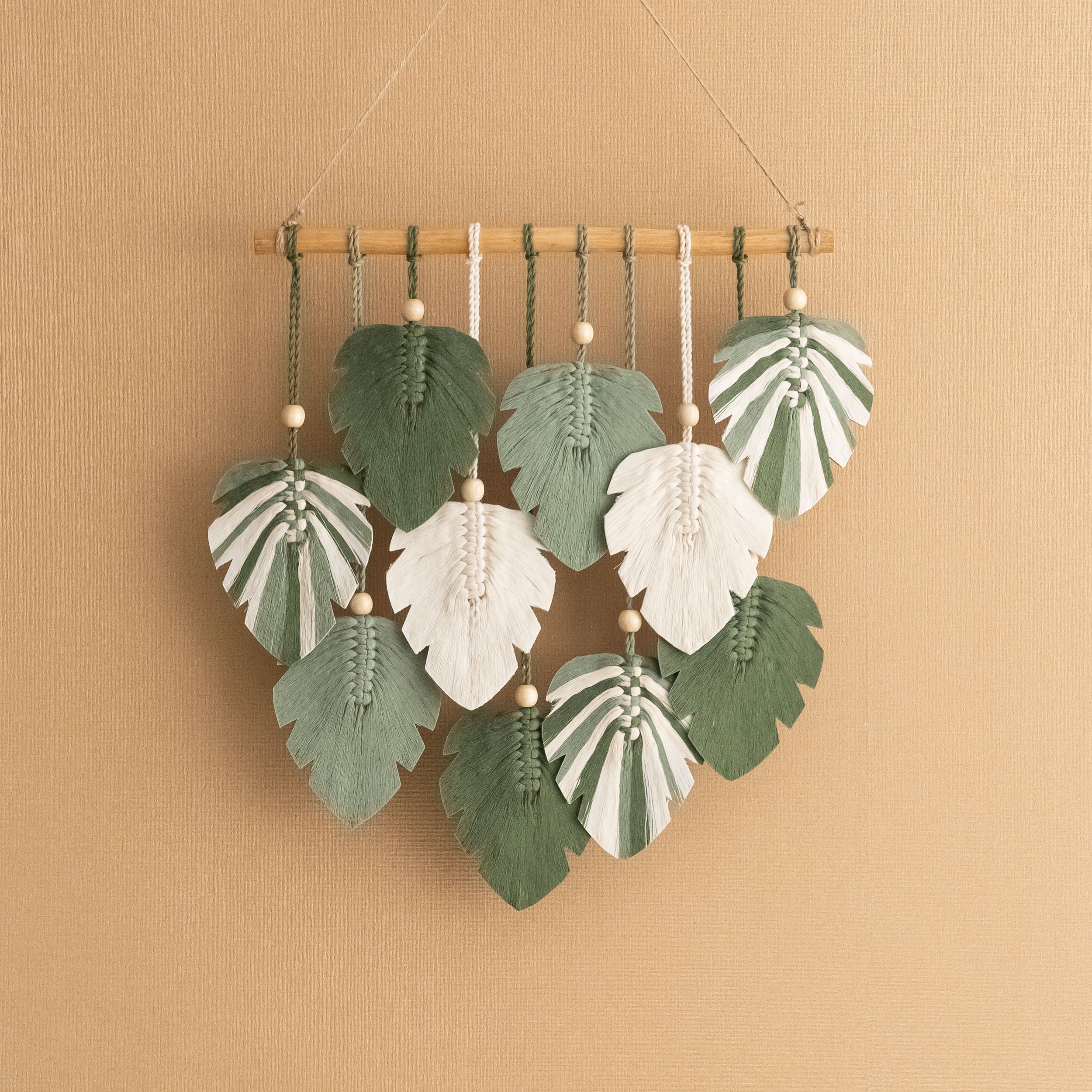 Handmade Macrame Leaf Wall Hanging with Wood Beads, Cotton Boho Wall Decor