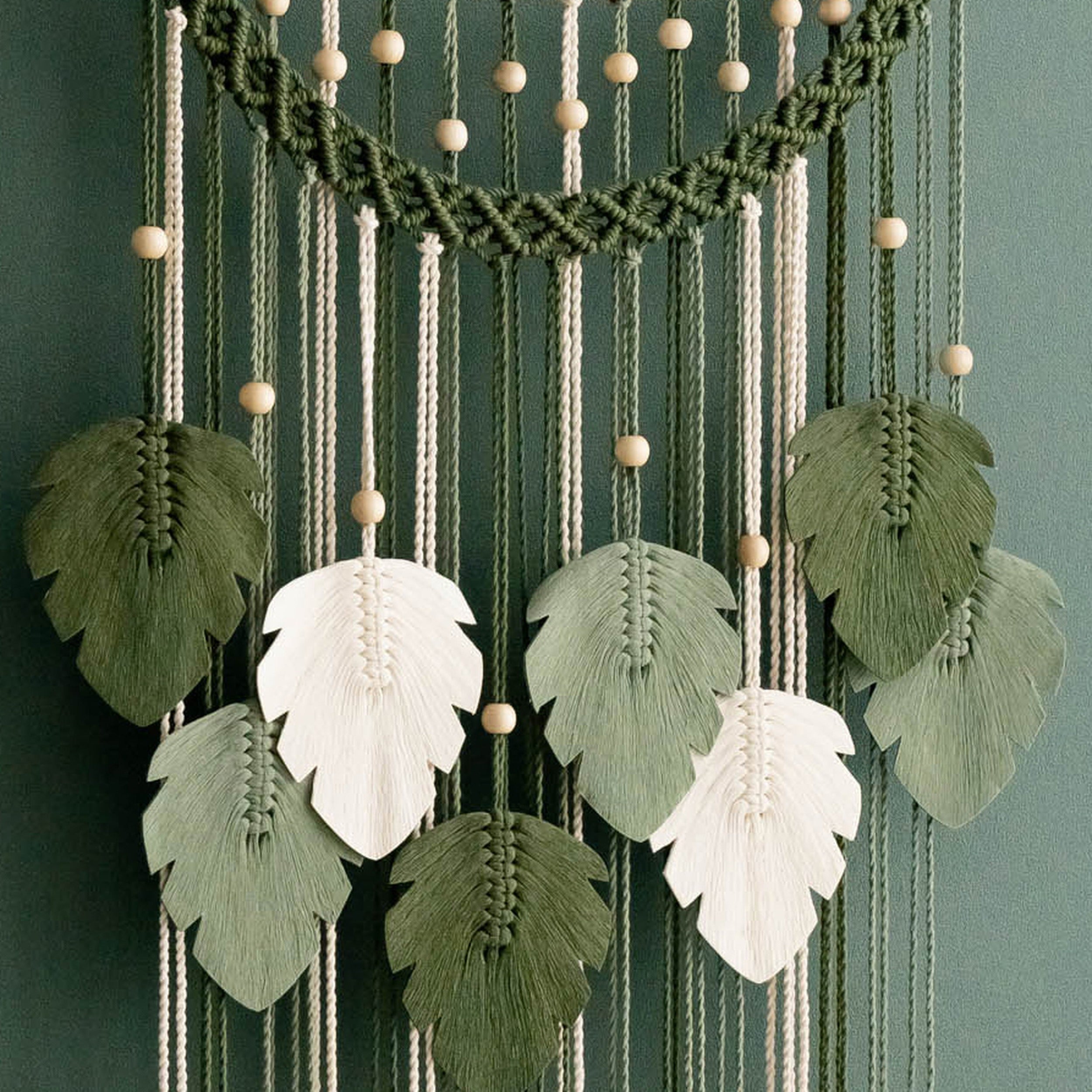 Large Macrame Leaf Wall Hanging, Handmade Cotton Wall Decor with Wood Beads