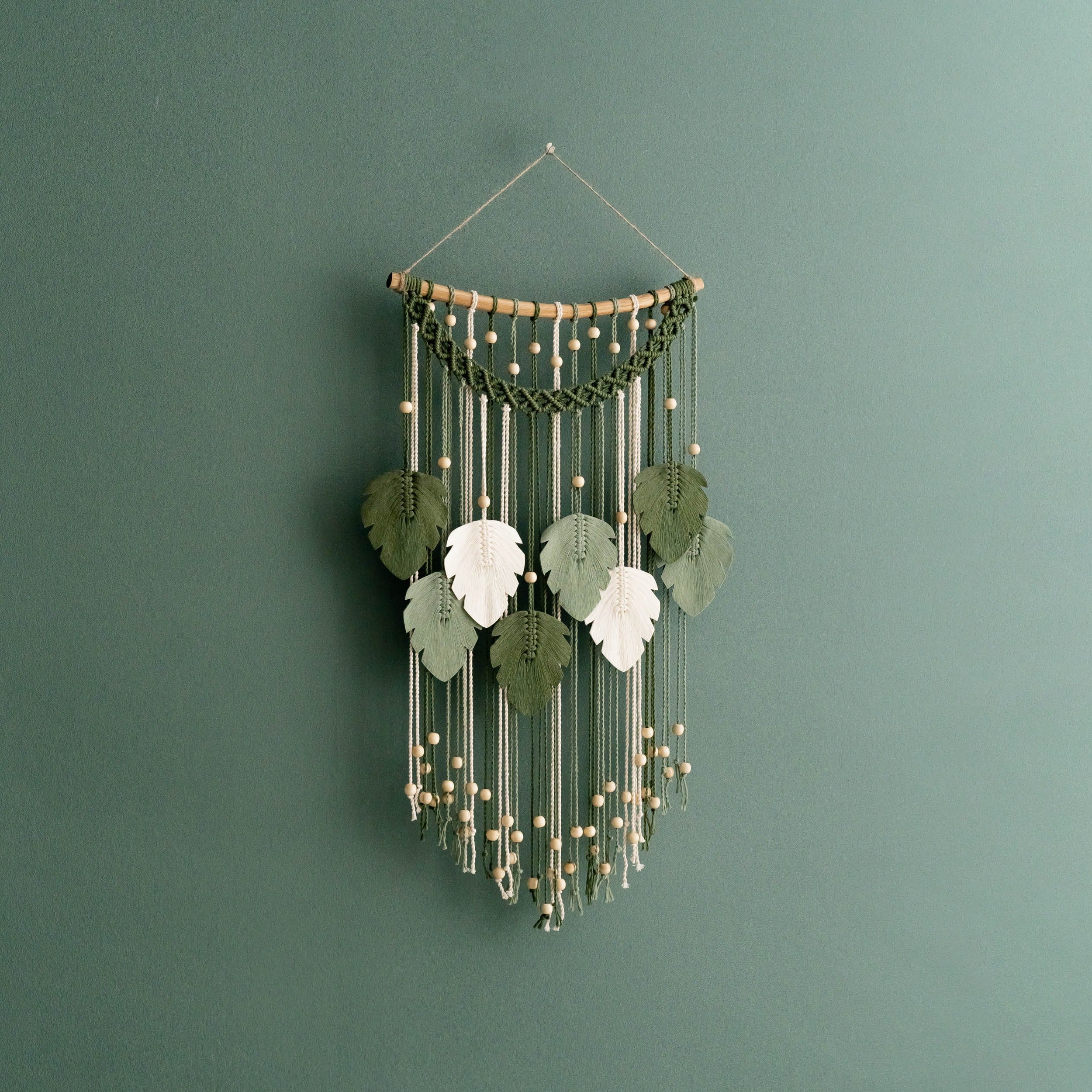 Large Macrame Leaf Wall Hanging, Handmade Cotton Wall Decor with Wood Beads