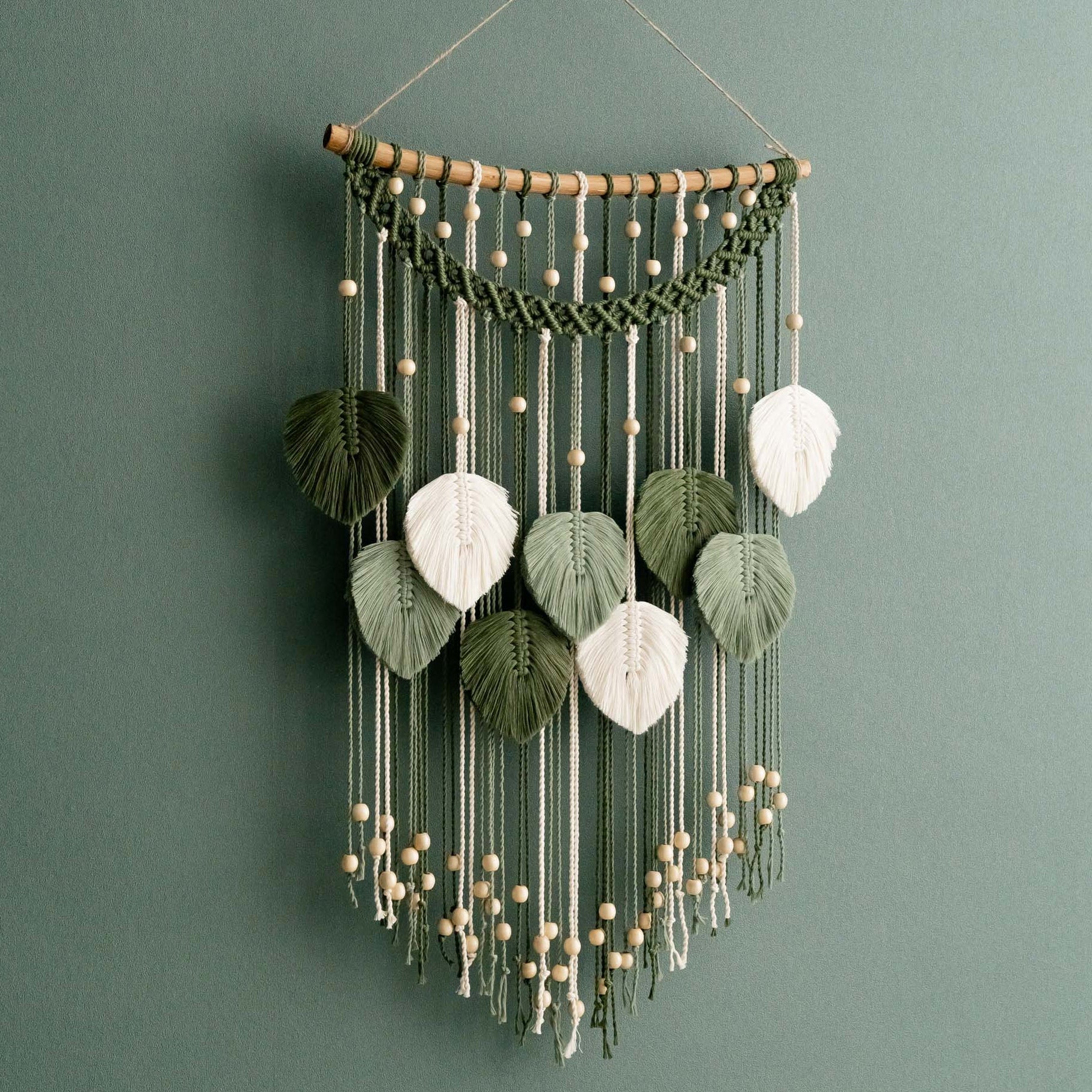 Large Handmade Macrame Leaf Wall Hanging with Wood Beads, Cotton Boho Wall Decor