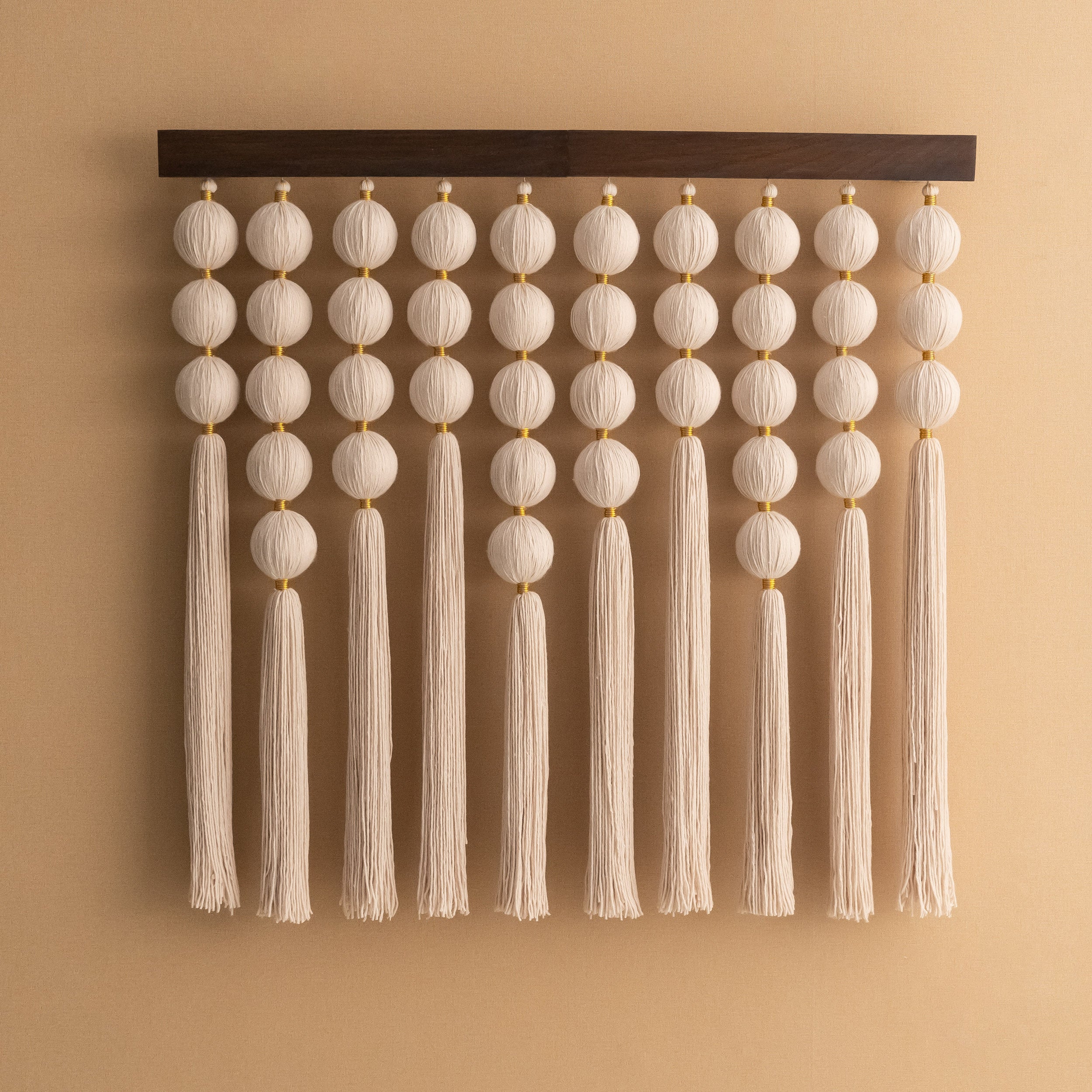 Handmade Macrame Wall Hanging with Natural Wood, Bubble Boho Fiber Wall Decor