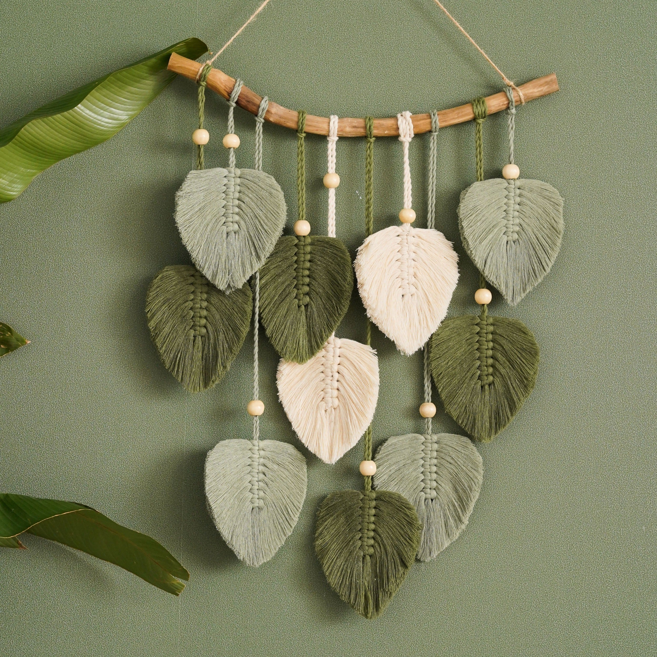 Leaves Macrame Wall Hanging, Handmade Cotton Wall Art with Wooden Beads