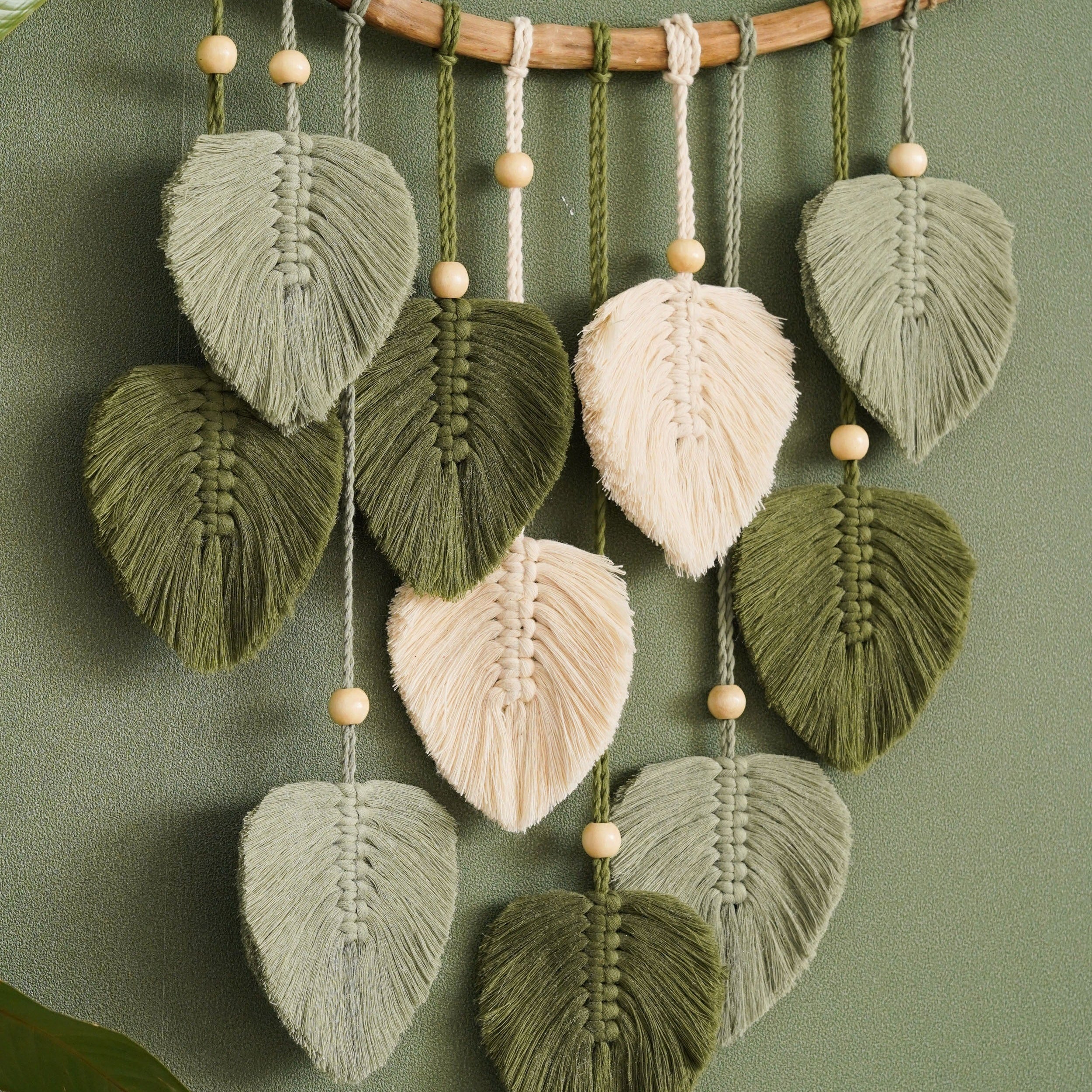 Leaves Macrame Wall Hanging, Handmade Cotton Wall Art with Wooden Beads