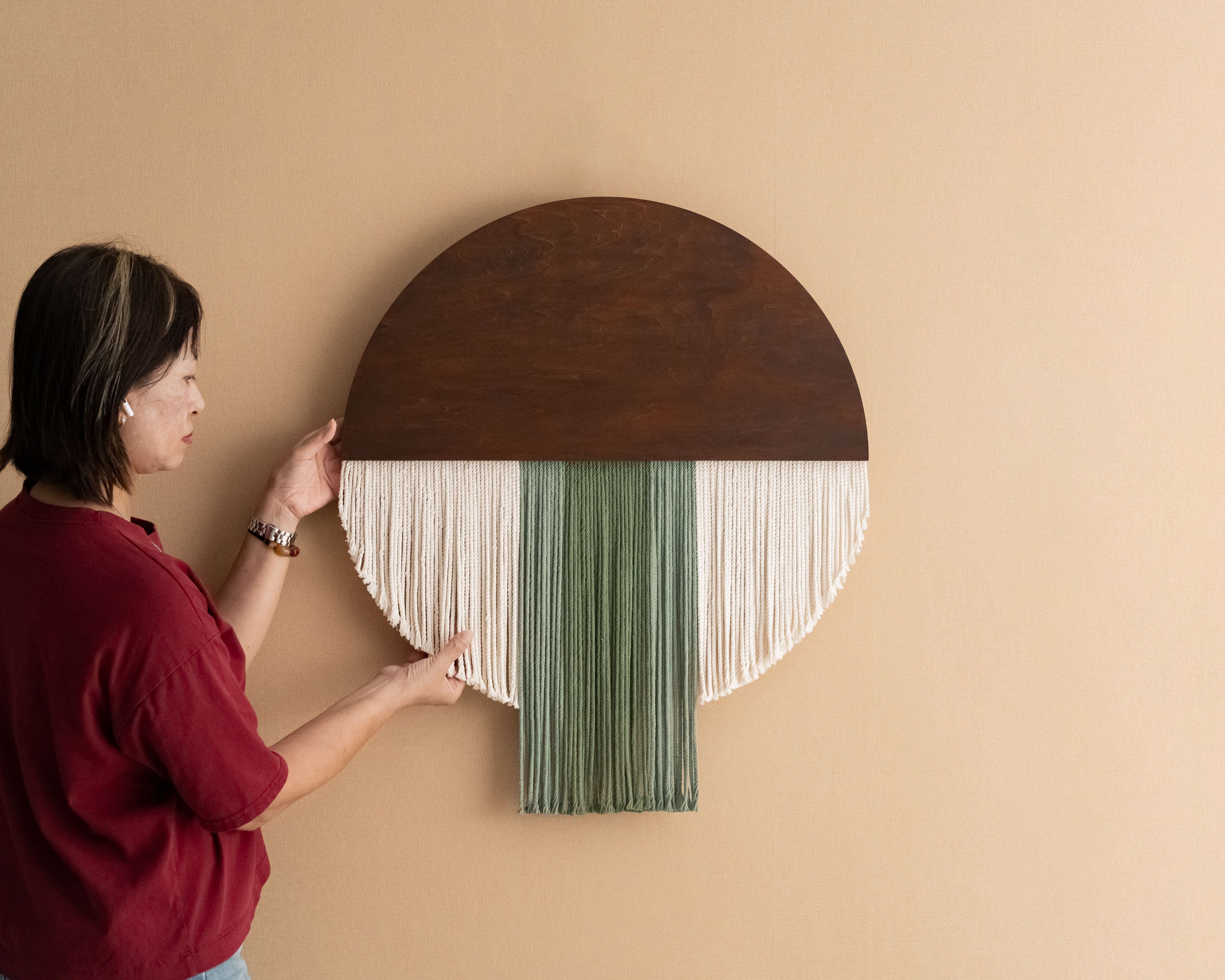 Boho Semi Circle Macrame Wall Hanging Green Cream V60