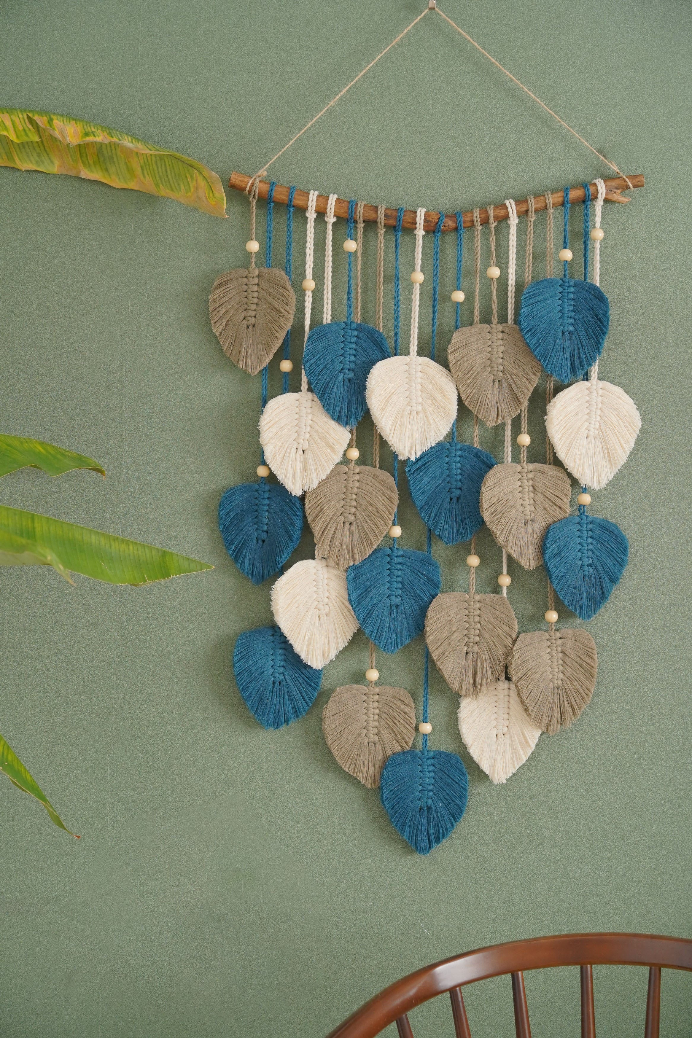 Leaves Macrame Wall Hanging, Handmade Cotton Wall Art with Wooden Beads