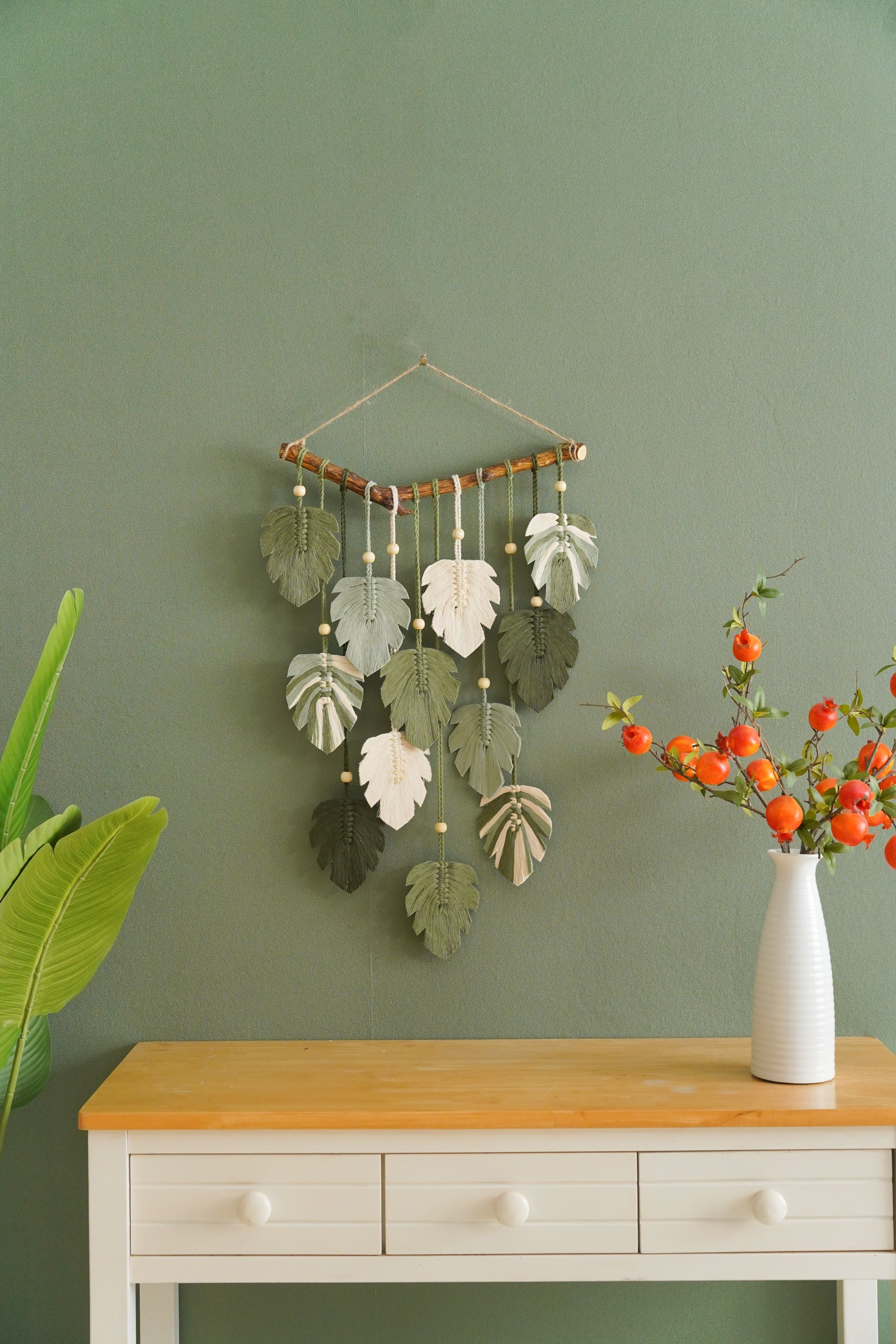 Handmade Macrame Leaf Wall Hanging with Wood Beads, Cotton Boho Wall Decor