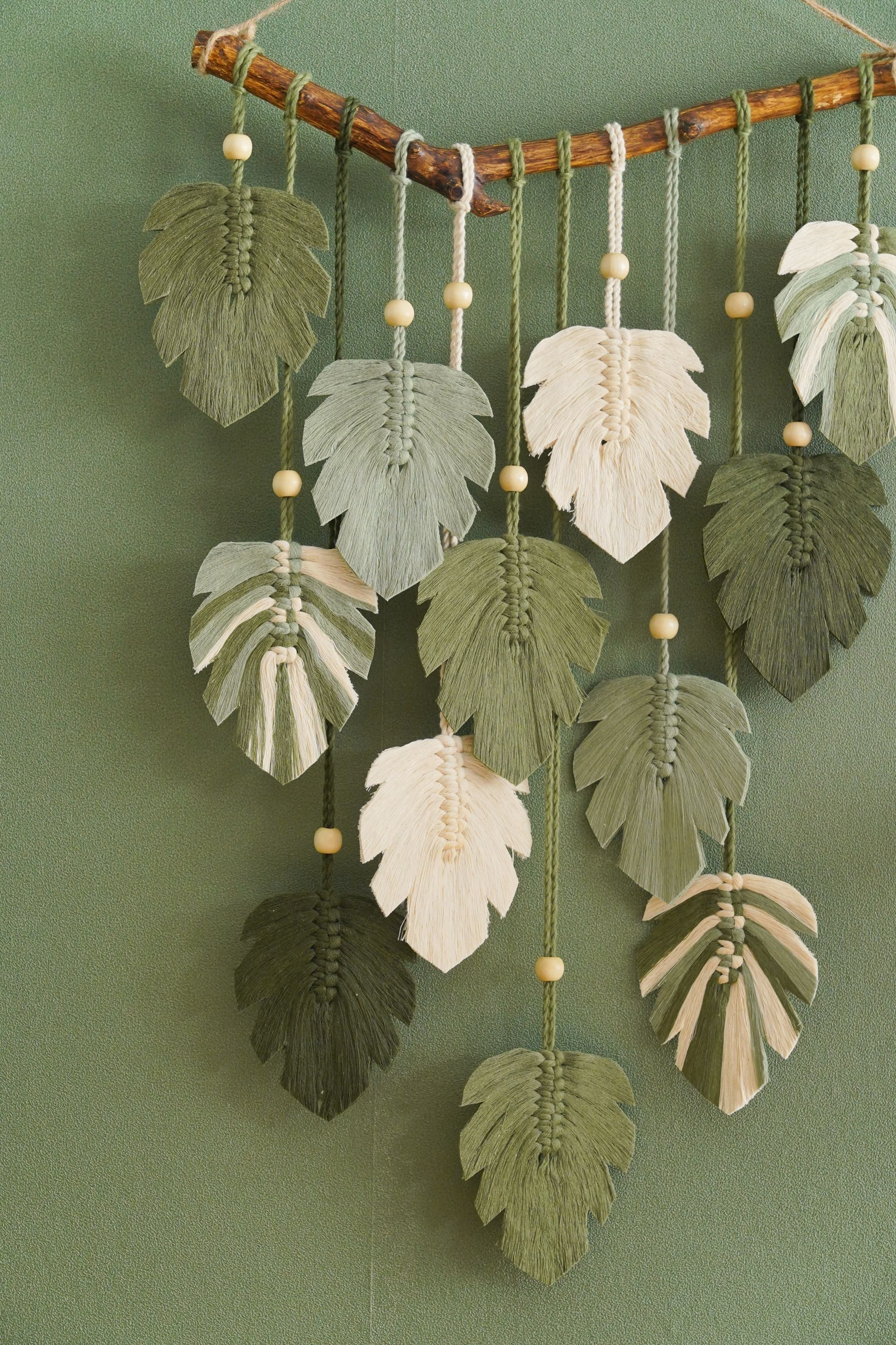 Handmade Macrame Leaf Wall Hanging with Wood Beads, Cotton Boho Wall Decor