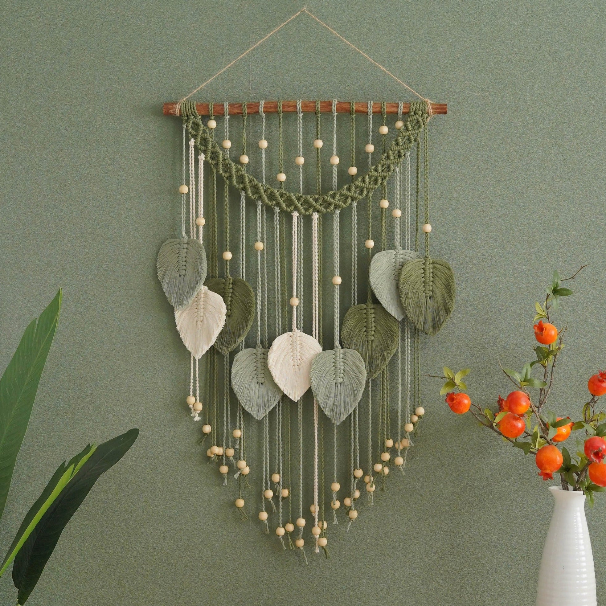 Large Handmade Macrame Leaf Wall Hanging with Wood Beads, Cotton Boho Wall Decor