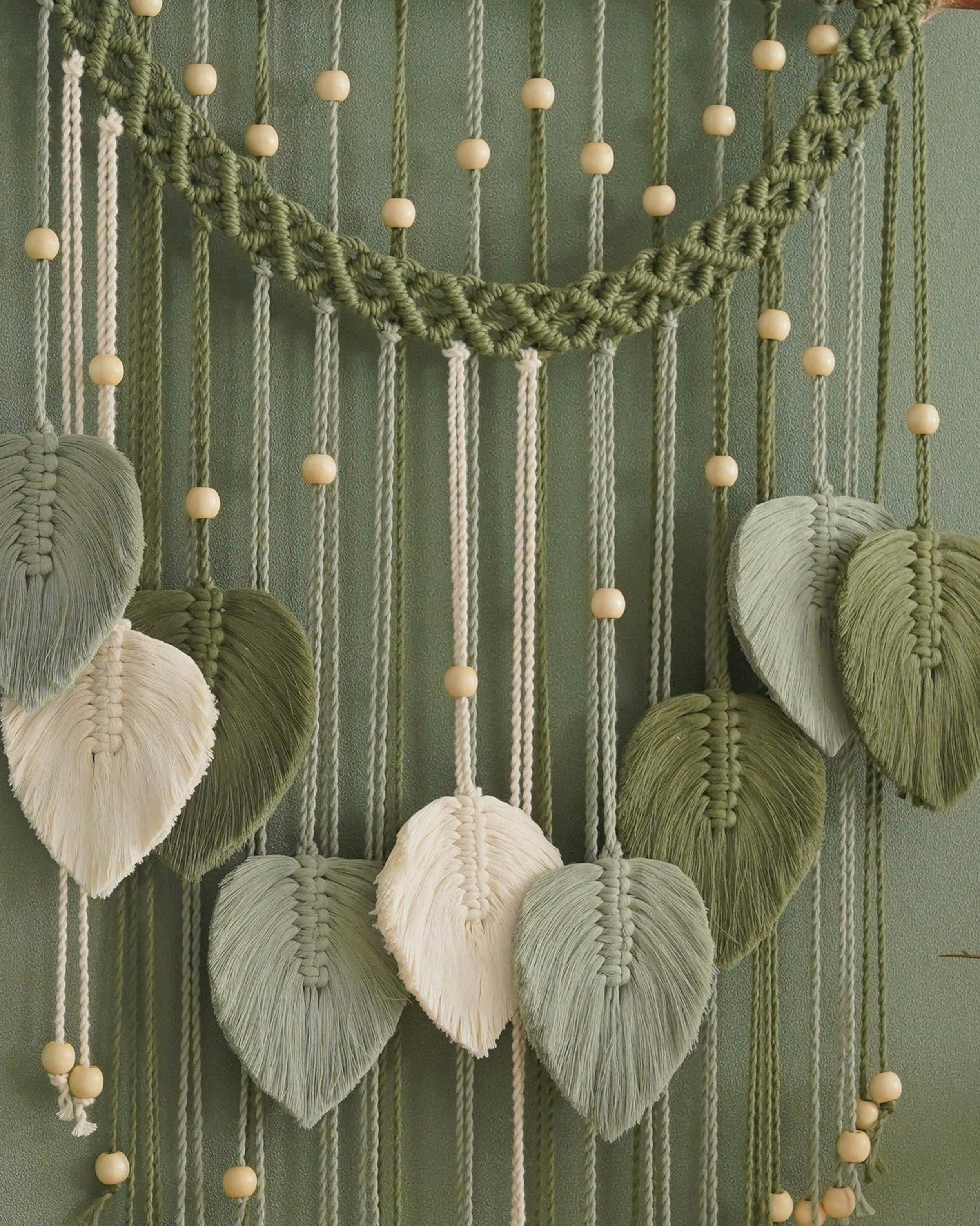 Large Handmade Macrame Leaf Wall Hanging with Wood Beads, Cotton Boho Wall Decor