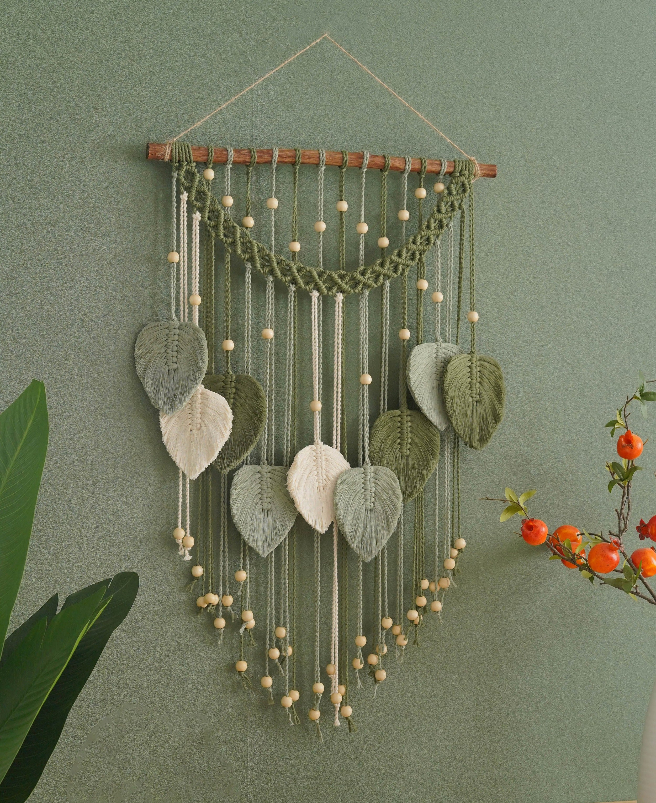 Large Handmade Macrame Leaf Wall Hanging with Wood Beads, Cotton Boho Wall Decor