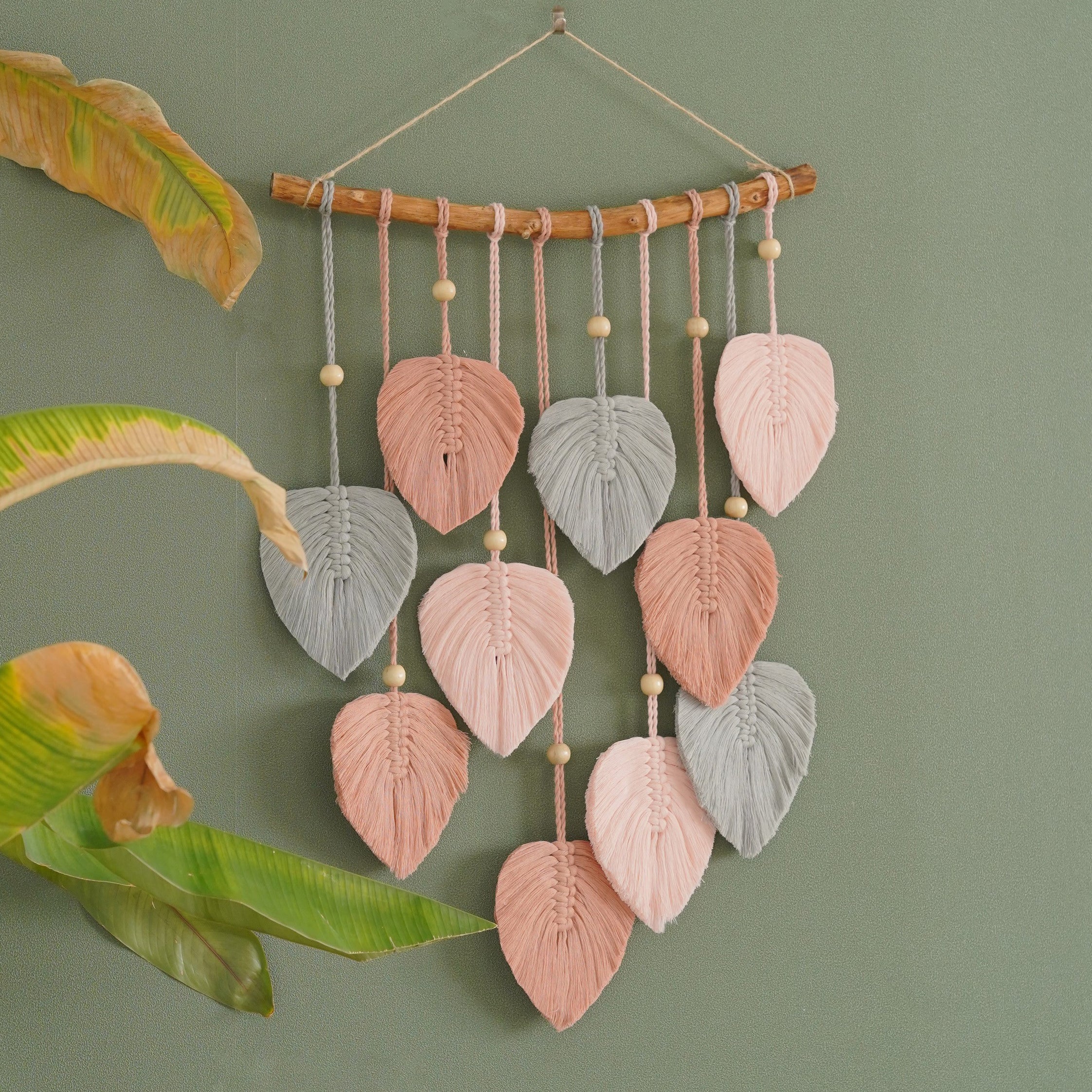 Leaves Macrame Wall Hanging, Handmade Cotton Wall Art with Wooden Beads