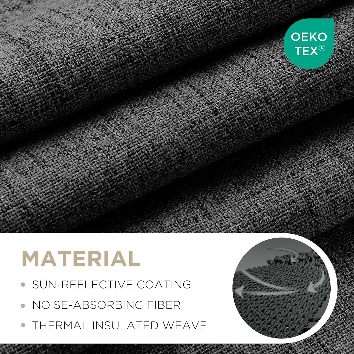 Black Linen Textured Blackout Curtains Thermal Rod Pocket Drapes