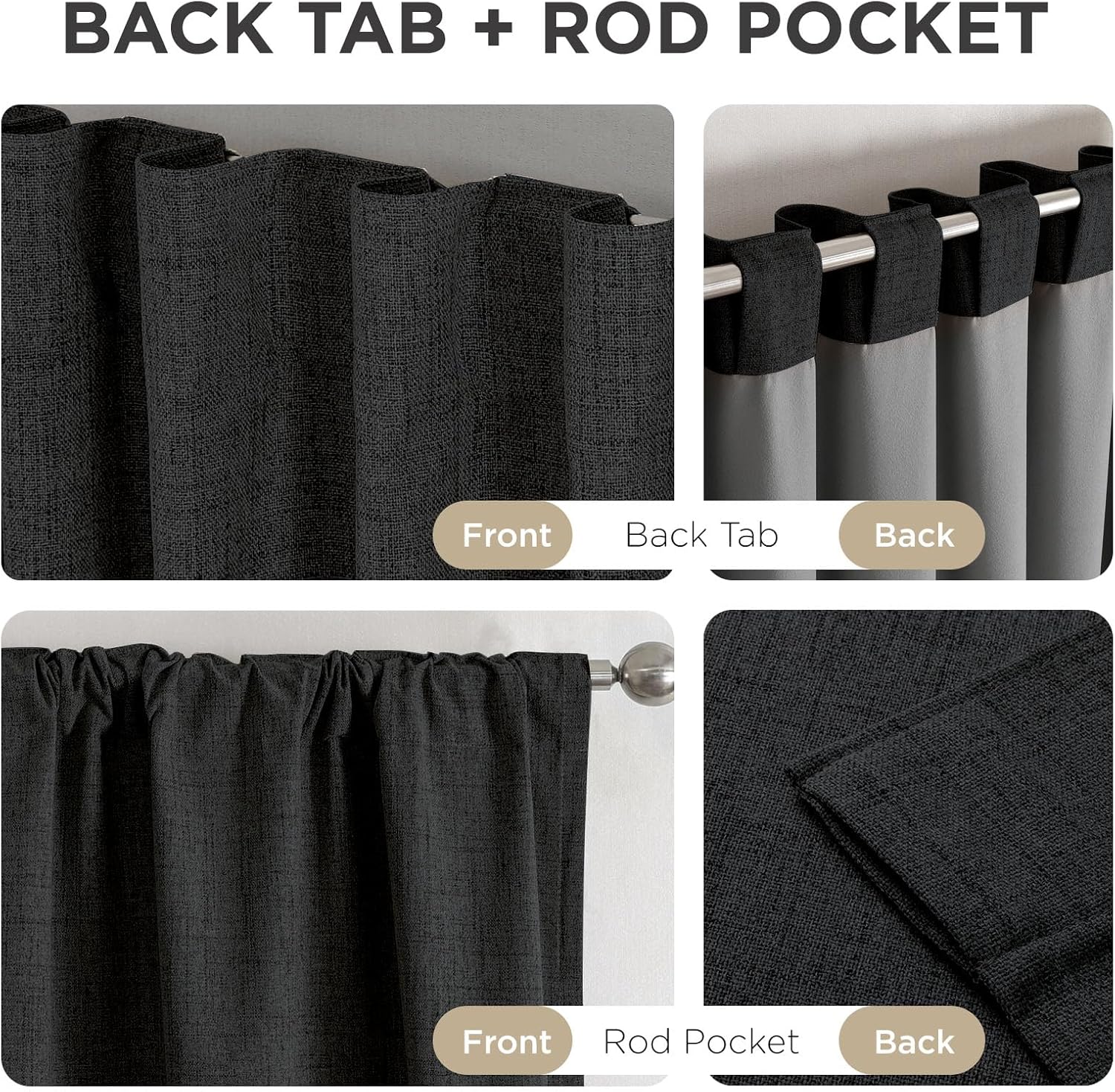 Black Linen Textured Blackout Curtains Thermal Rod Pocket Drapes