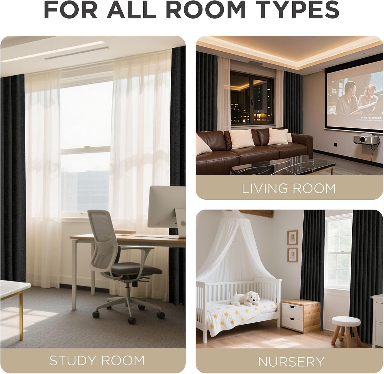 Black Linen Textured Blackout Curtains Thermal Rod Pocket Drapes