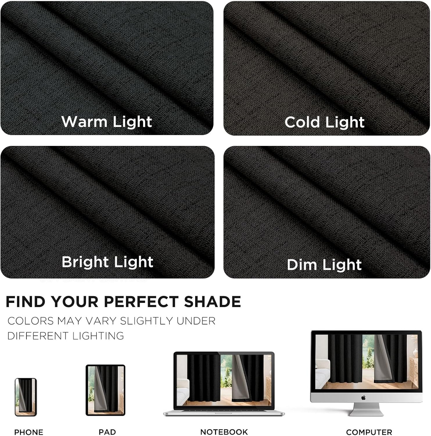 Black Linen Textured Blackout Curtains Thermal Rod Pocket Drapes