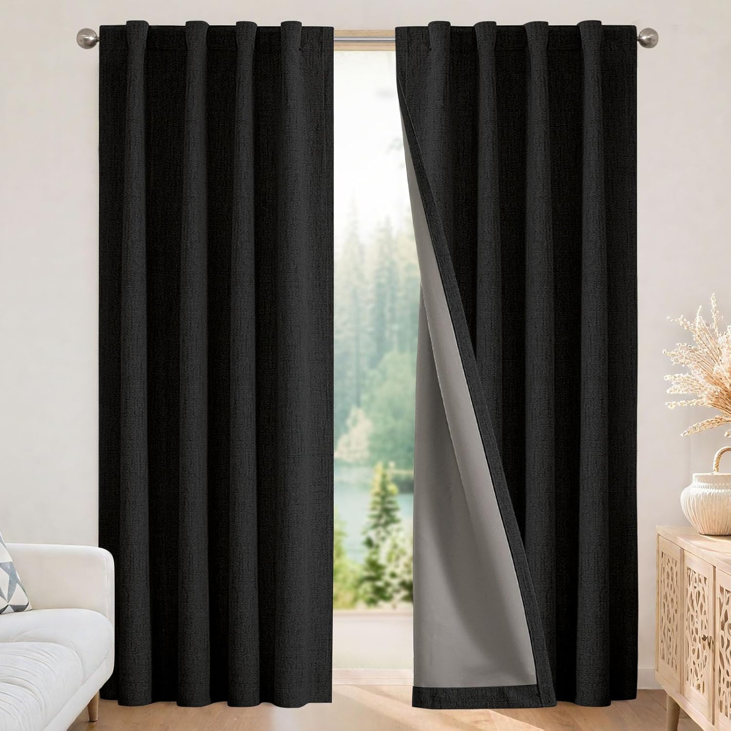 Black Linen Textured Blackout Curtains Thermal Room Darkening Drapes