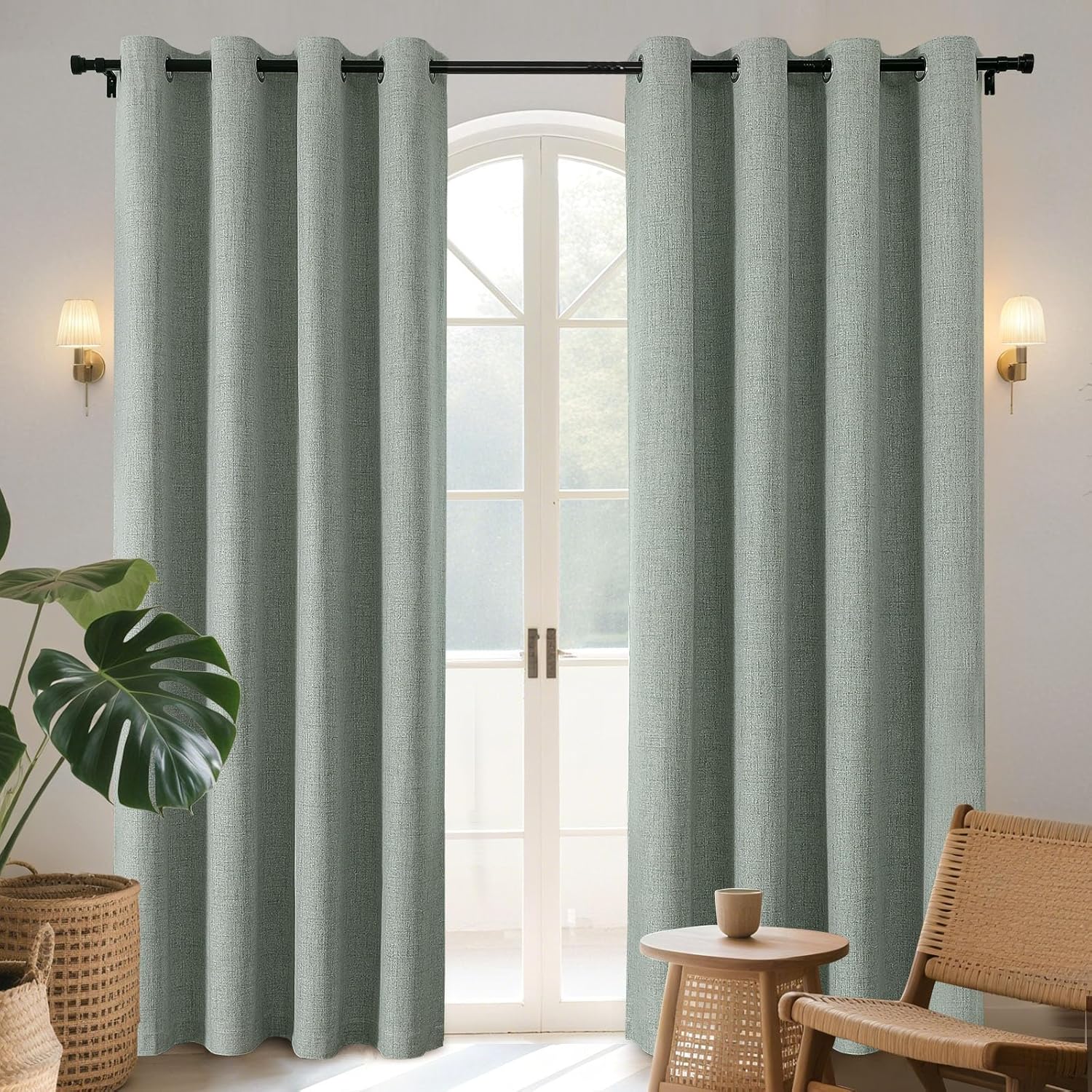 Sage Green Textured Blackout Curtains Thermal Long Drapes