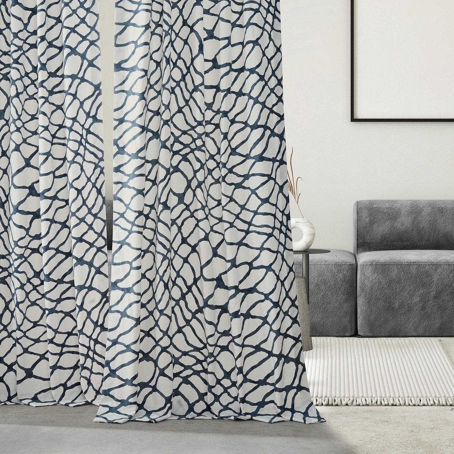 Ellis Blue Abstract Printed Cotton Curtain Elegant Room Darkening Drapes for Bedroom