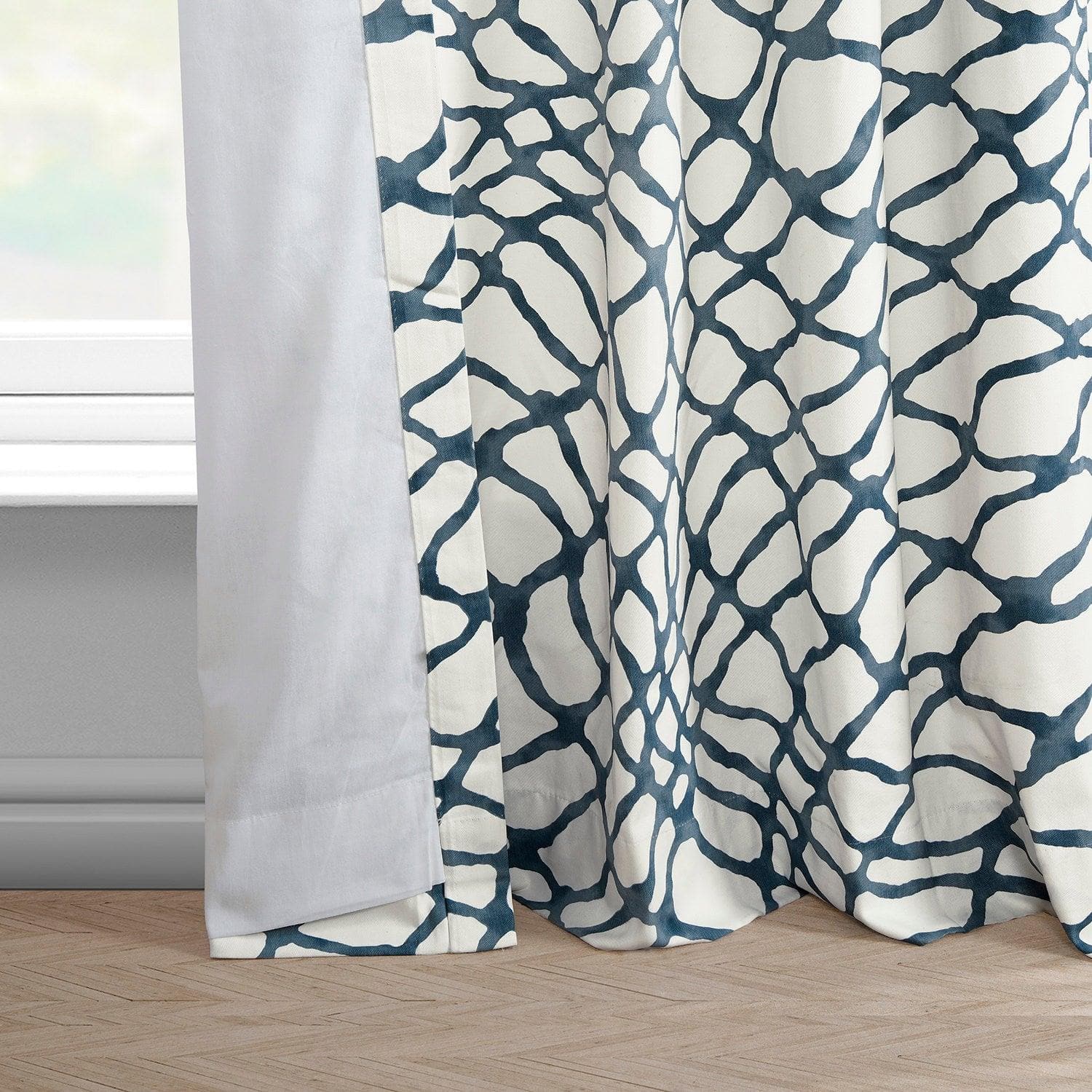 Ellis Blue Abstract Printed Cotton Curtain Elegant Room Darkening Drapes for Bedroom