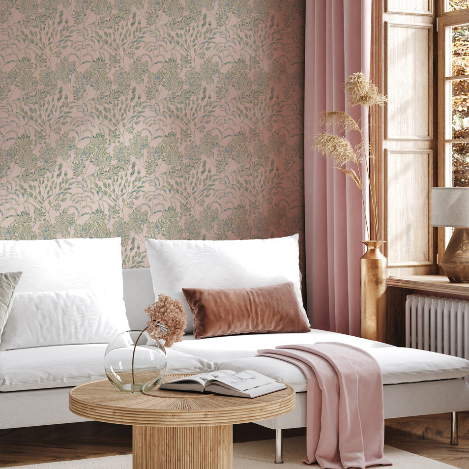 Stencil Foliage Non-Pasted Wallpaper - A white couch in a living room with Stencil Foliage Unpasted Wallpaper in eucalyptus | Tempaper#color_eucalyptus