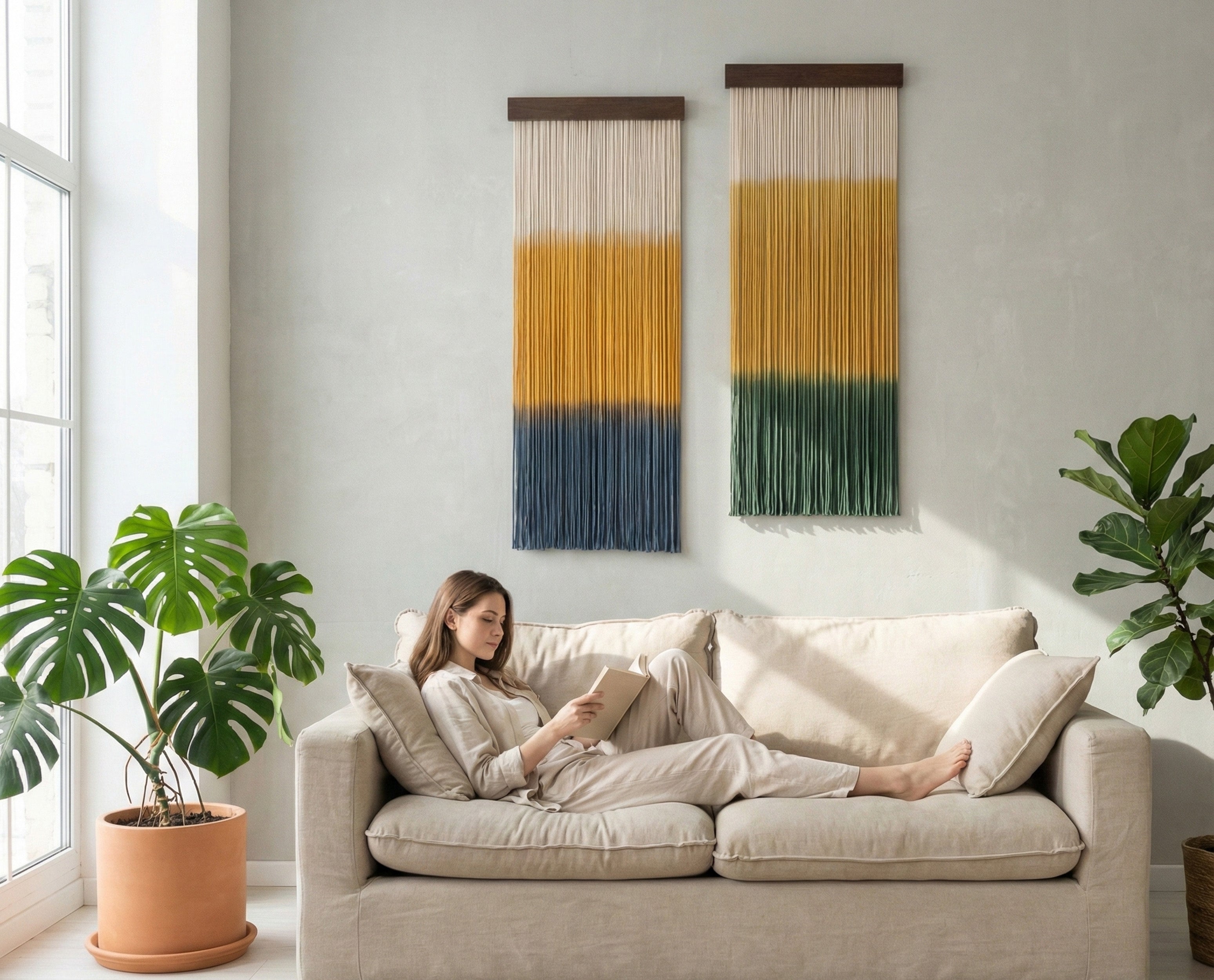 Dip Dyed Macrame Wall Hanging with Natural Wood, Handmade Boho Wall Decor