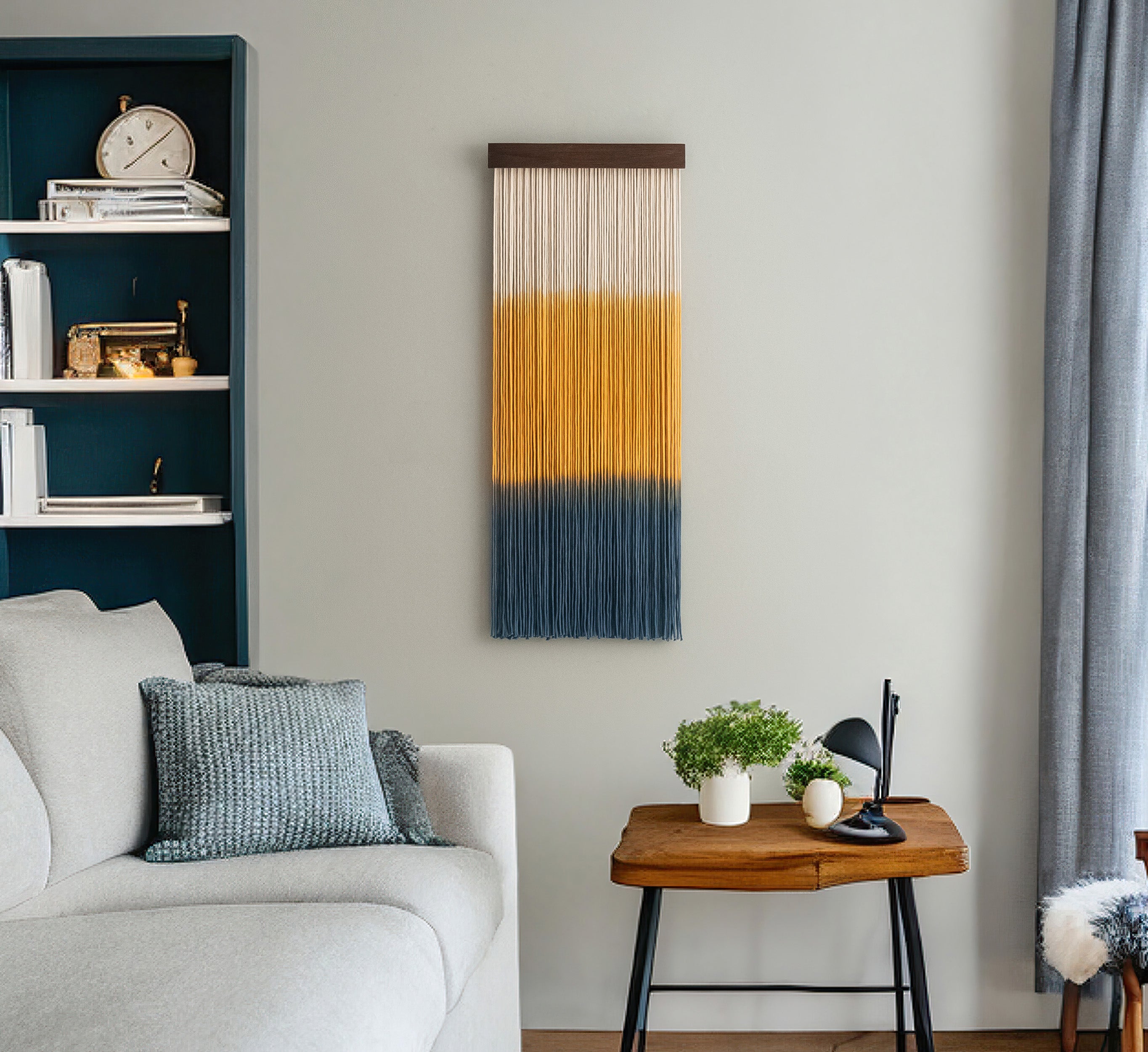 Dip Dyed Macrame Wall Hanging with Natural Wood, Handmade Boho Wall Decor