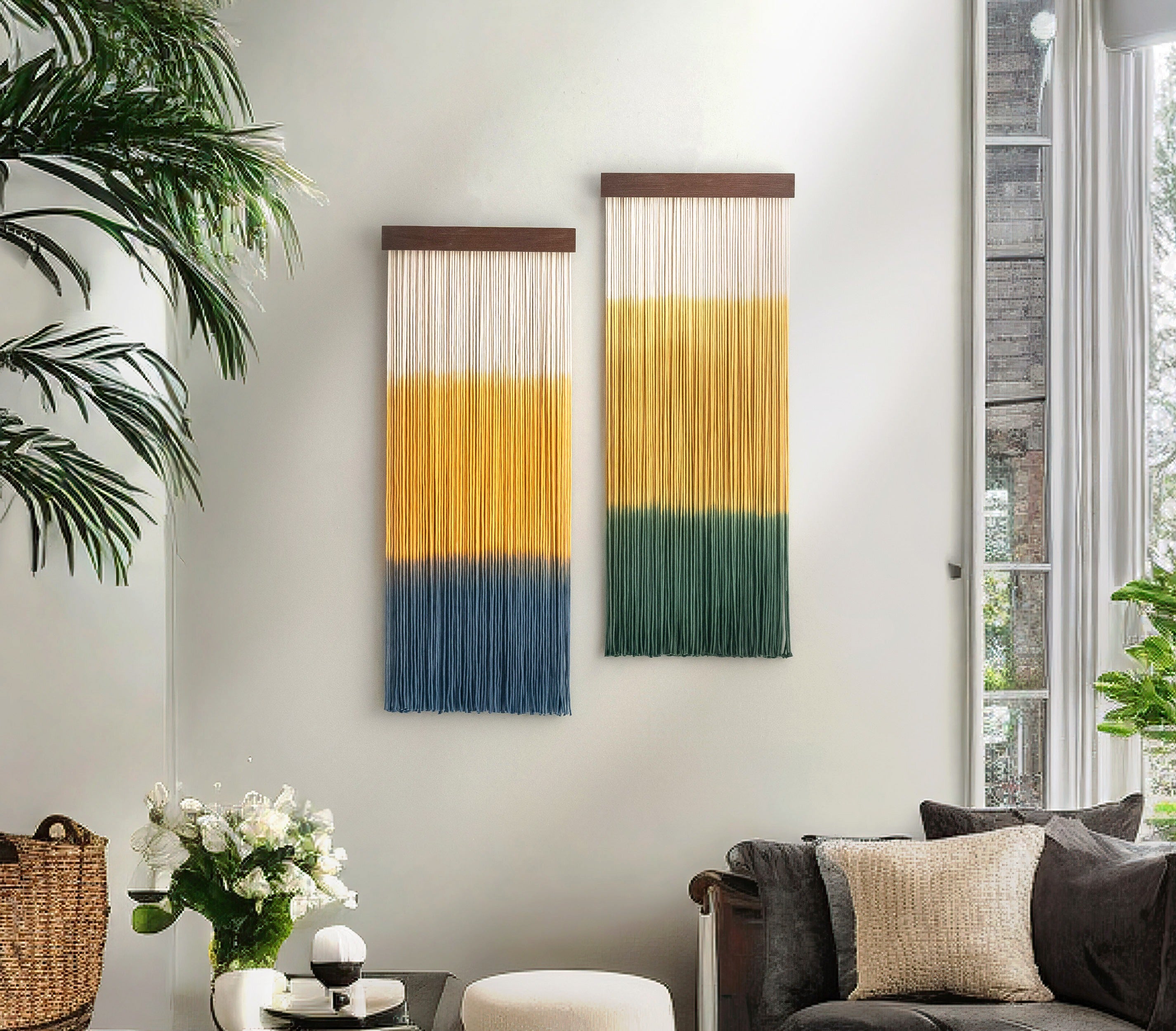 Dip Dyed Macrame Wall Hanging with Natural Wood, Handmade Boho Wall Decor