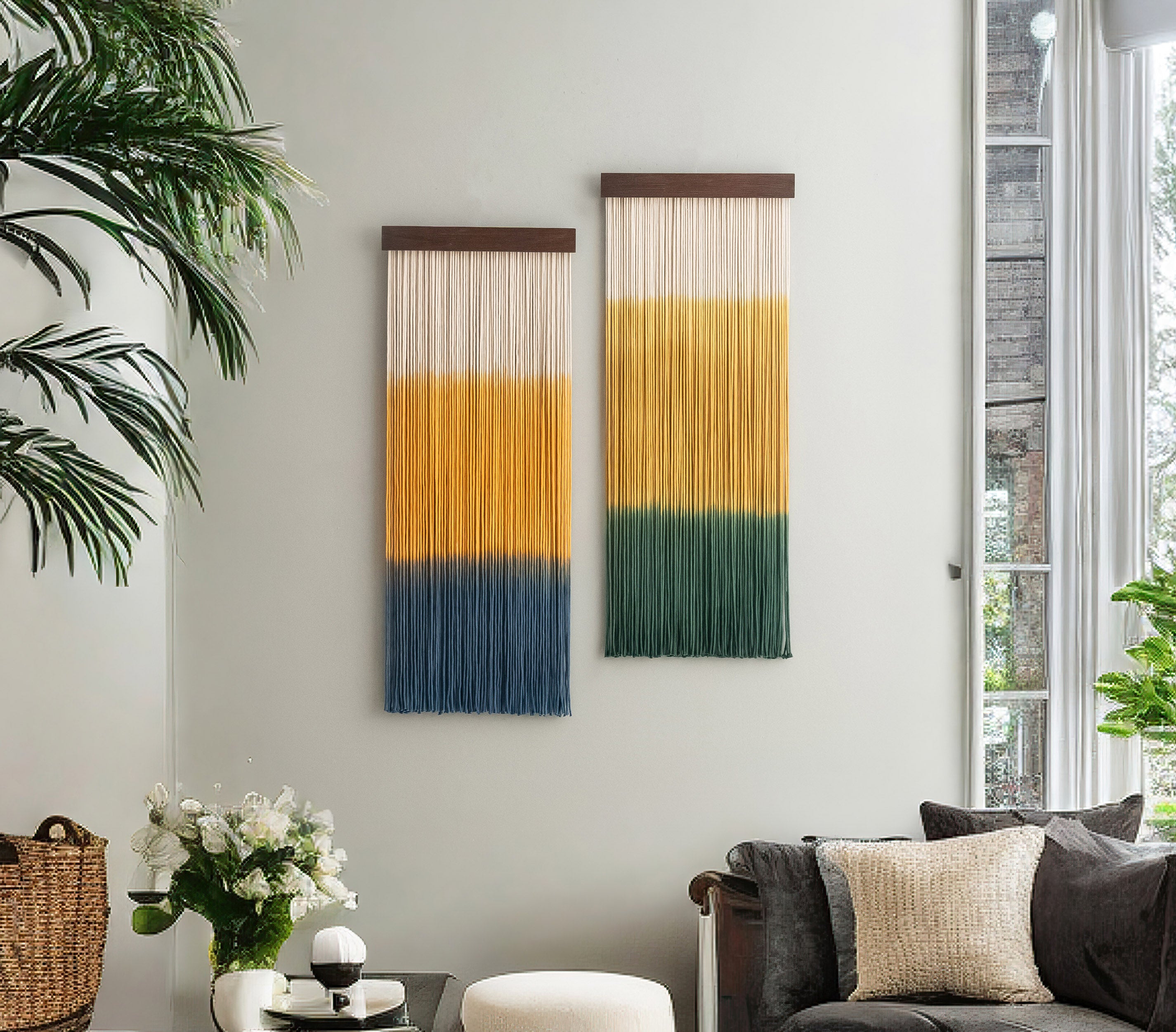 Dip Dyed Macrame Wall Hanging with Natural Wood, Handmade Boho Wall Decor