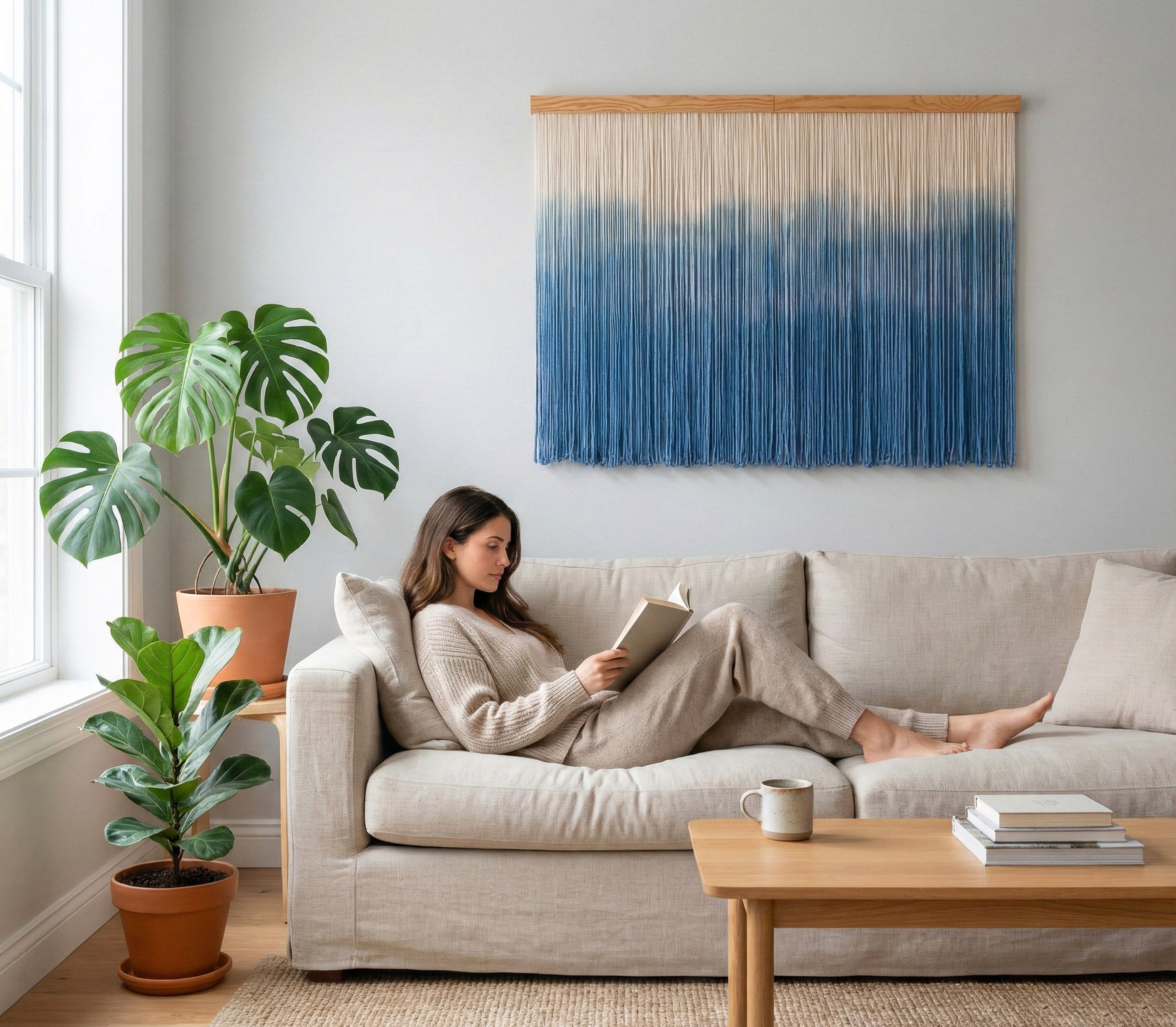 Blue Waves Macrame Wall Hanging Rustic Boho Decor U22