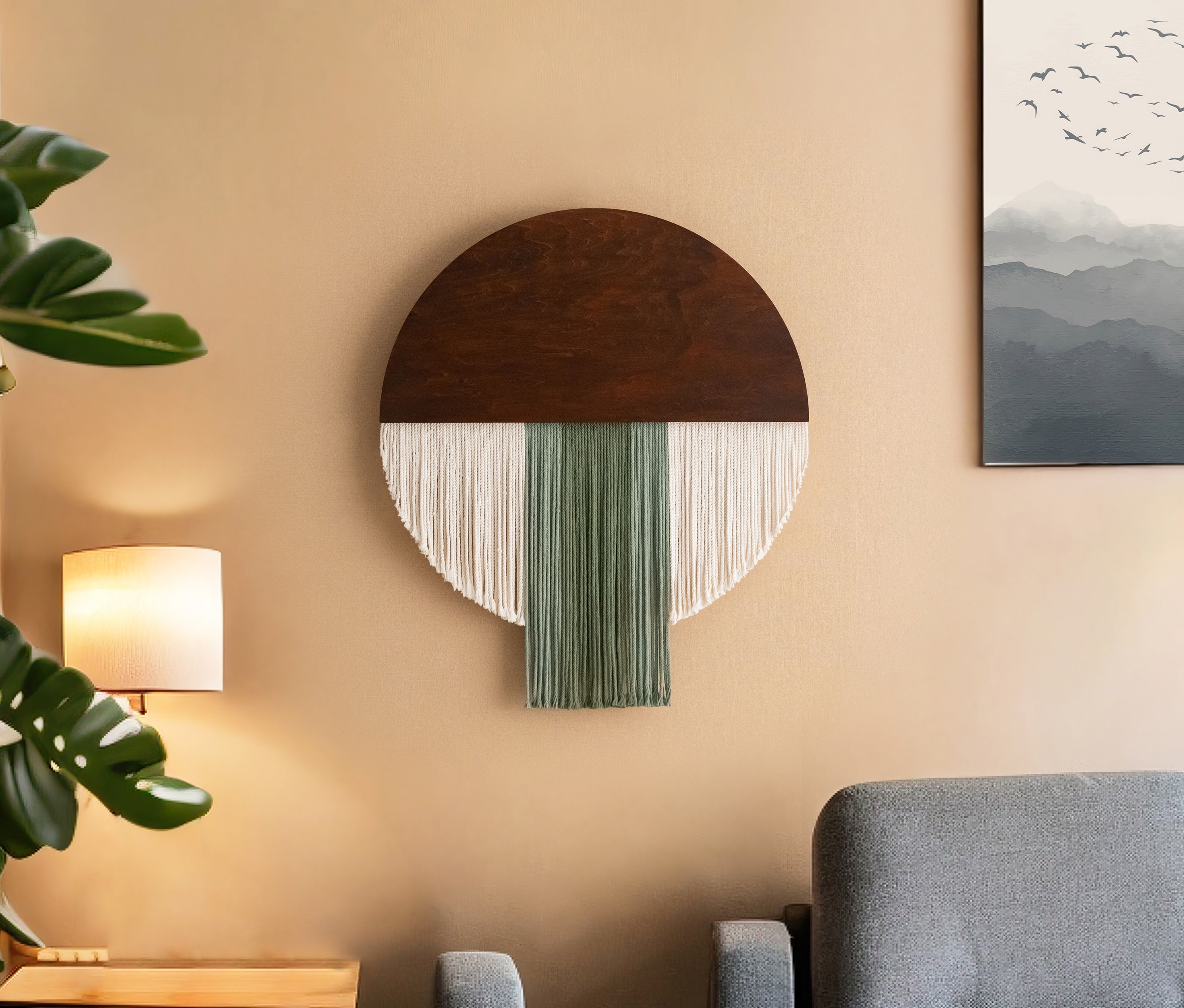 Boho Semi Circle Macrame Wall Hanging Green Cream V60