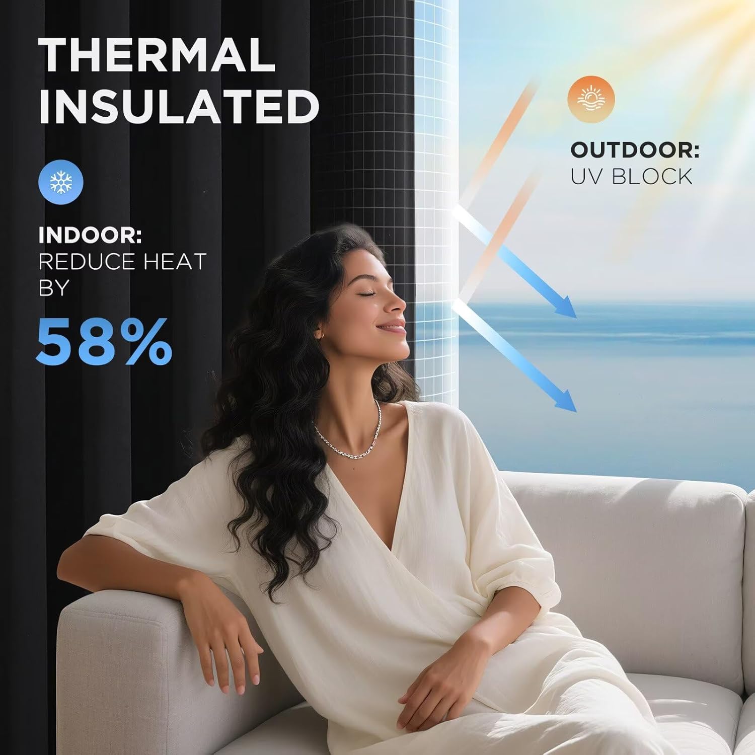 Joydeco black thermal insulated curtains blocking heat and harmful UV rays for a comfortable living space.