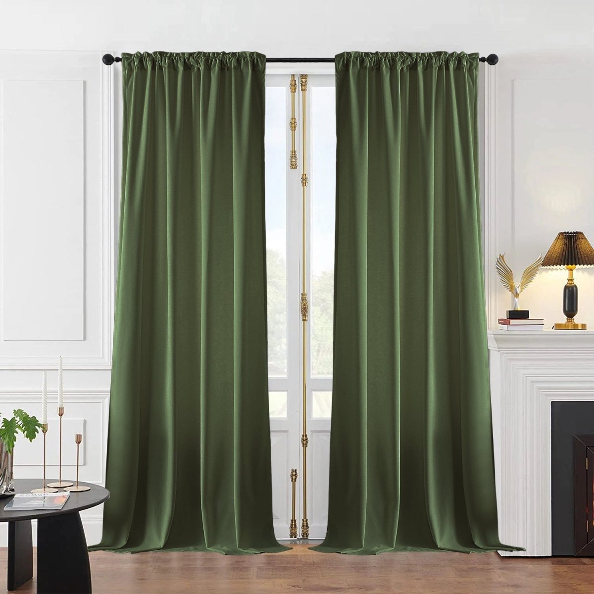 Olive green luxury velvet blackout curtains with rod pocket design, creating an elegant room aesthetic.