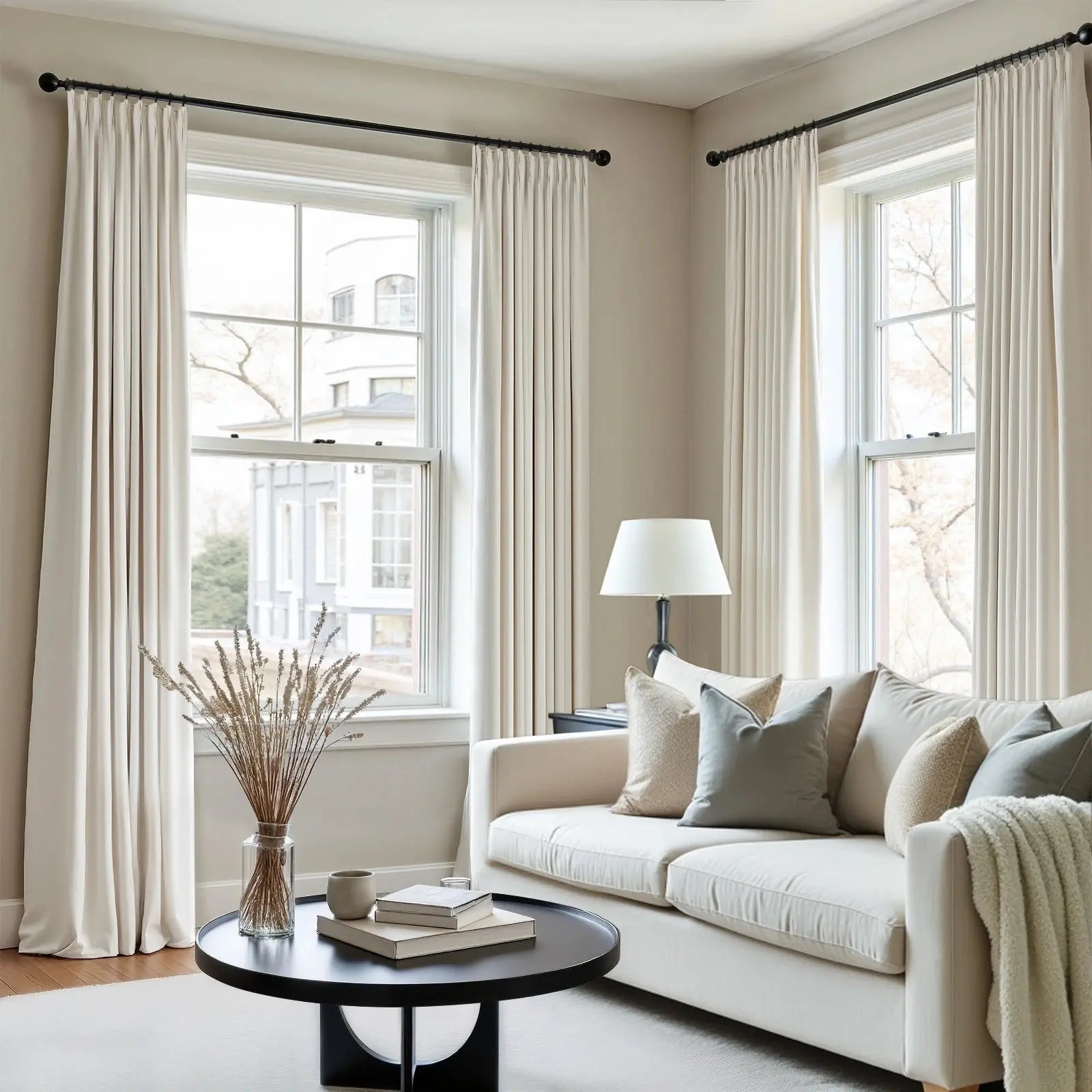 Broad 100 percent cotton plain weave pleated drapery for elegant insulated interiors